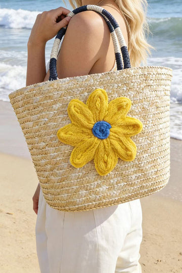 Yellow Crochet Flower Detail Boho Beach Straw Woven Handbag