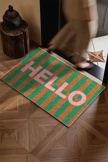 Bright Green Striped Printed HELLO Crystal Velvet Doormat