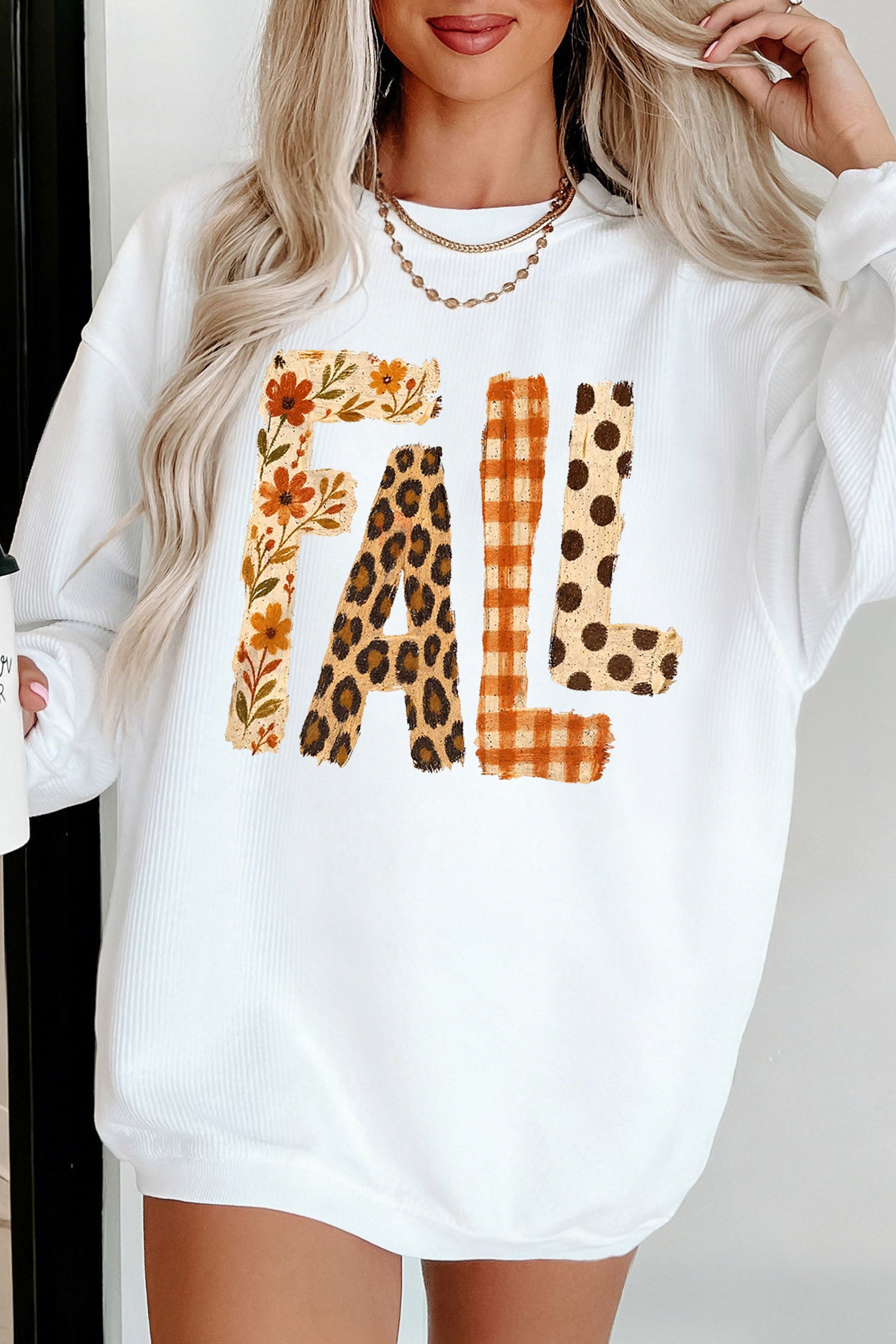 White Fall Letter Pattern Graphic Customized Corded Sweatshirt