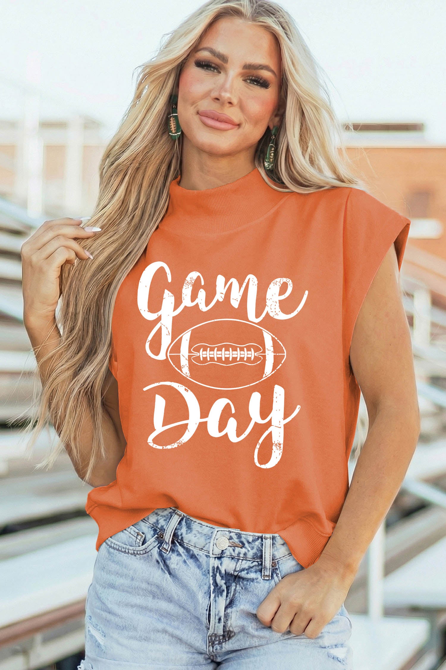 Orange Game Day Rugby Graphic High Neck Short Sleeve Tunic Top