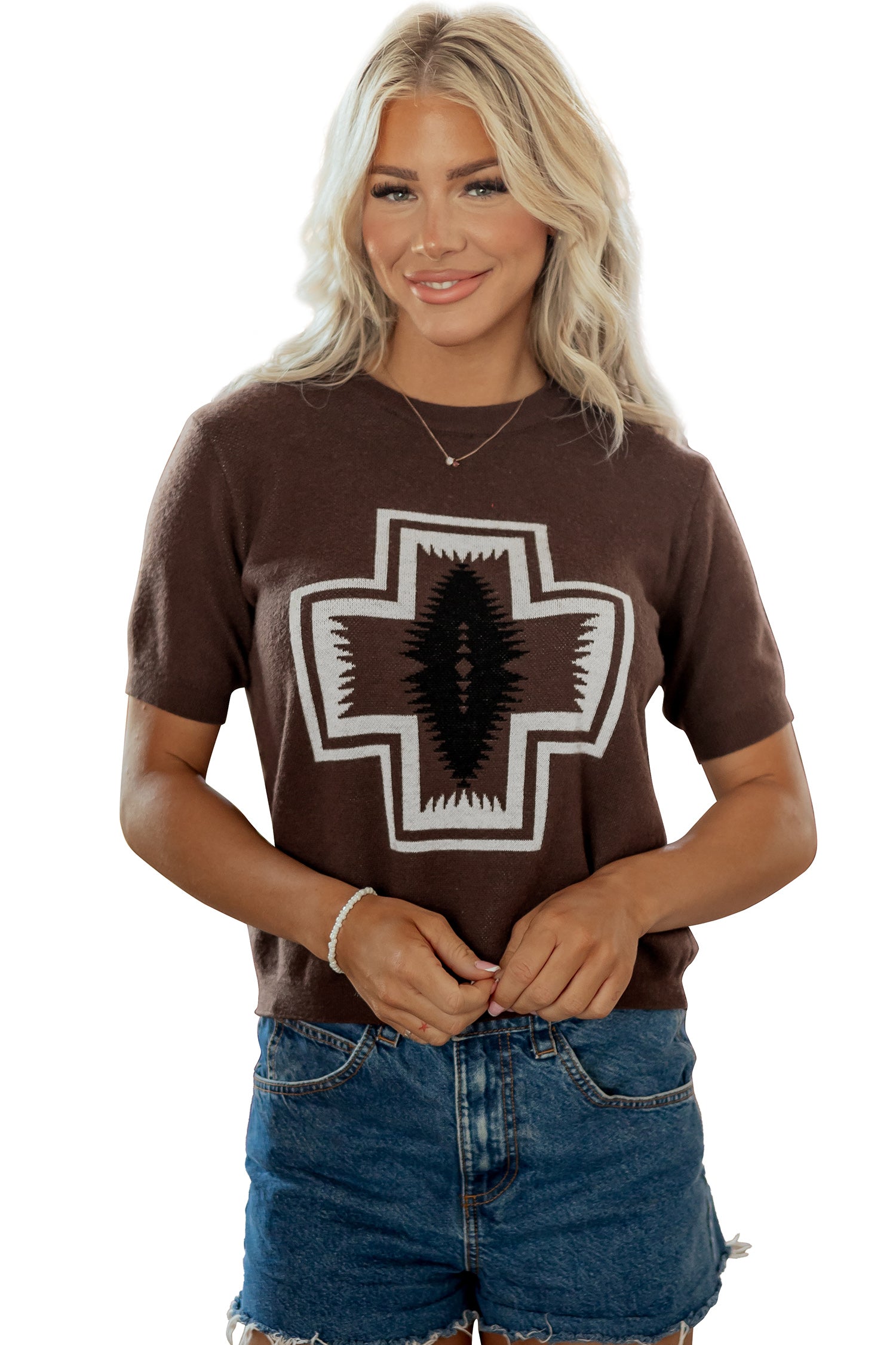 Brown Western Print Short Sleeve Knit Casual Sweater