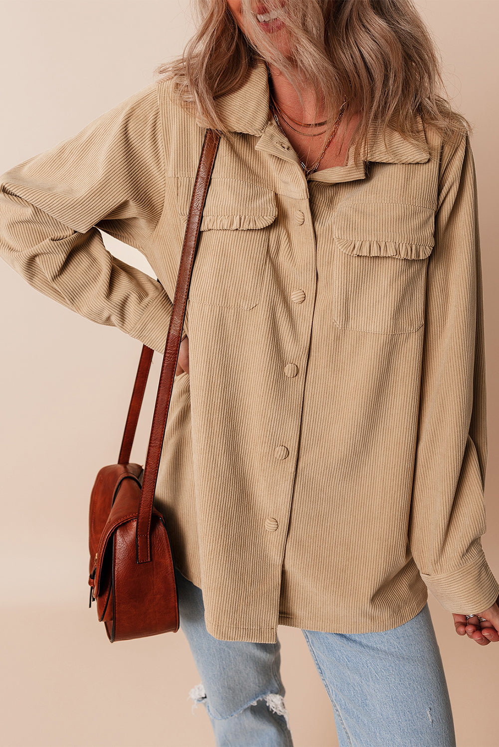 Light French Beige Solid Frilled Flap Pocket Button Up Corduroy Shacket