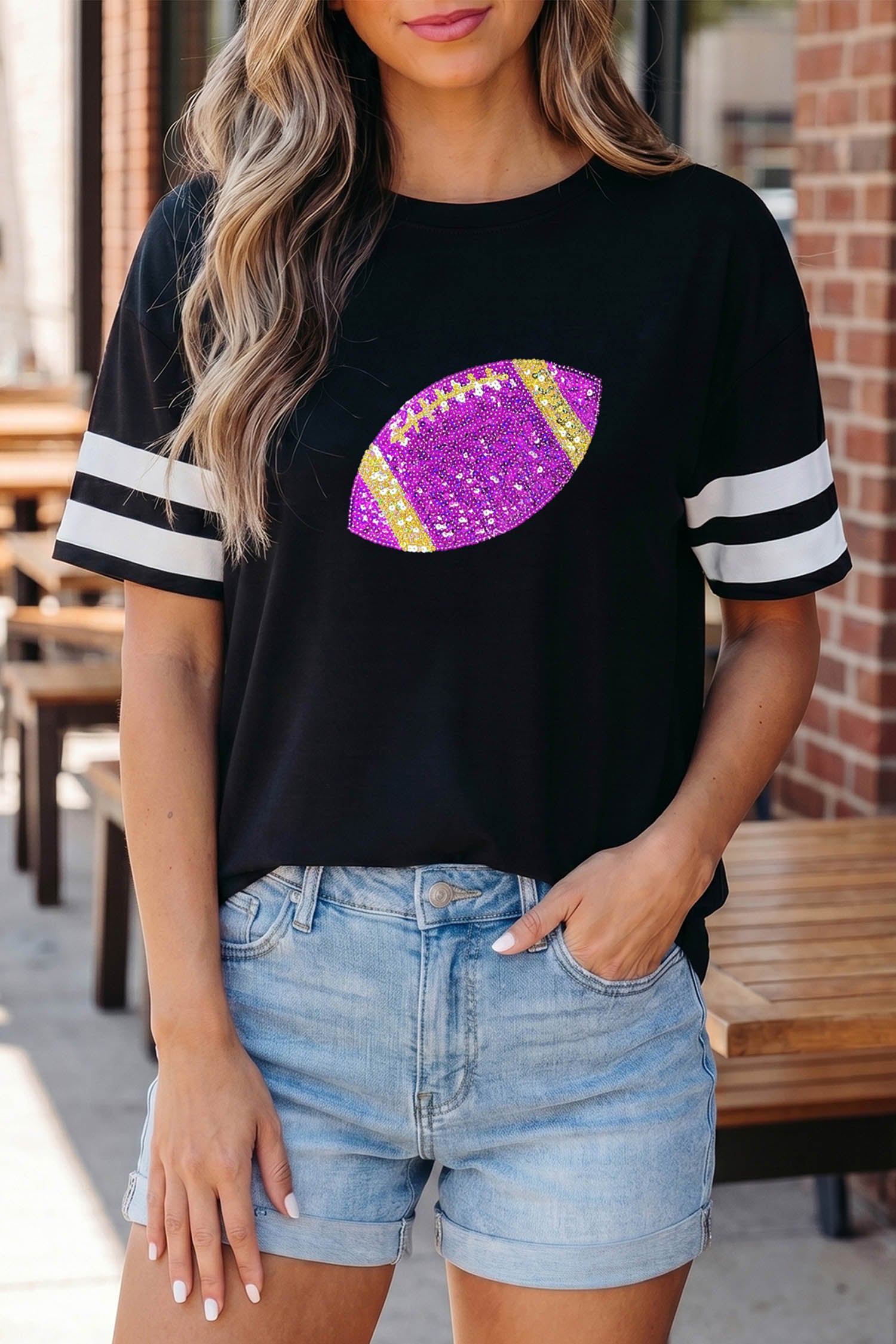 Black Round Neck Short Sleeve Glitter Football Patchwork Casual T-shirt