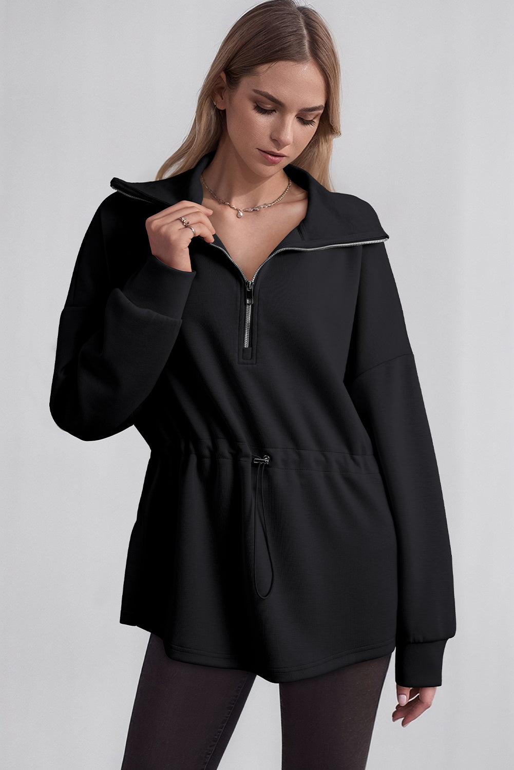 Black Half Zip Large Collar Drawstring Waist Pullover Sweatshirt
