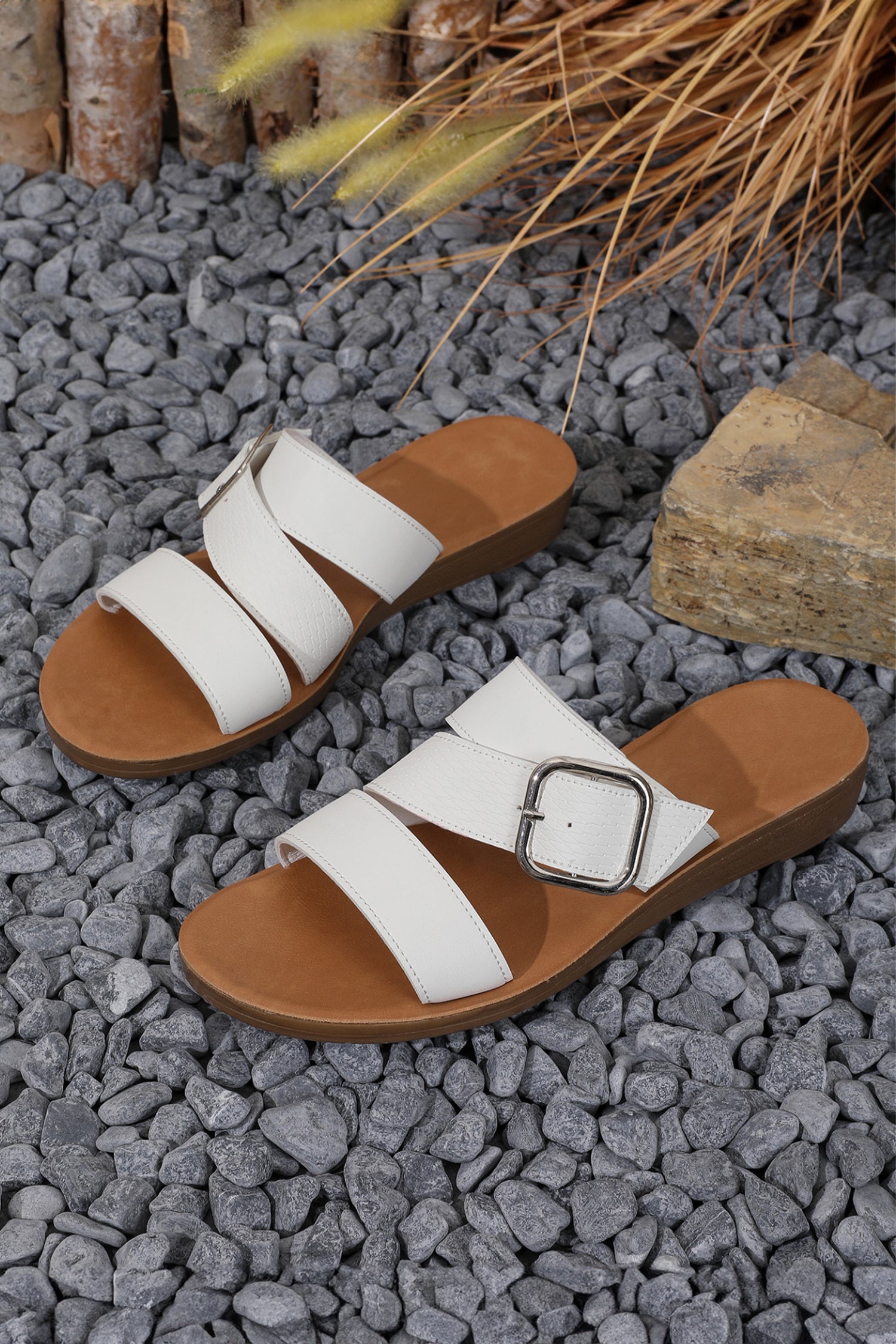 White Casual Buckle Slip-On Flat Slippers with TPR Sole