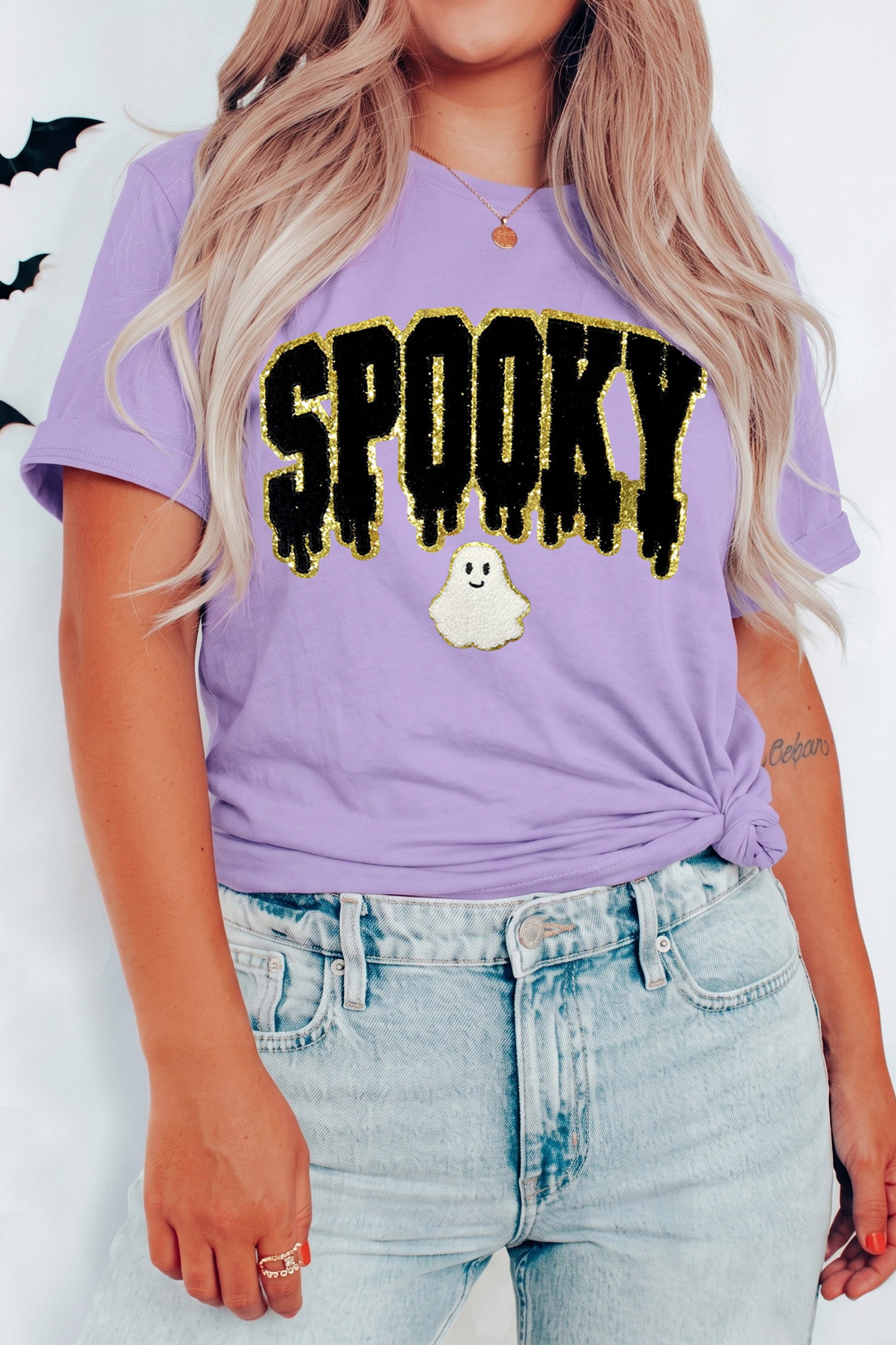 Wisteria Short Sleeve Round Neck Spooky Ghost Letter Print Casual T-Shirt