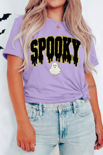 Wisteria Short Sleeve Round Neck Spooky Ghost Letter Print Casual T-Shirt