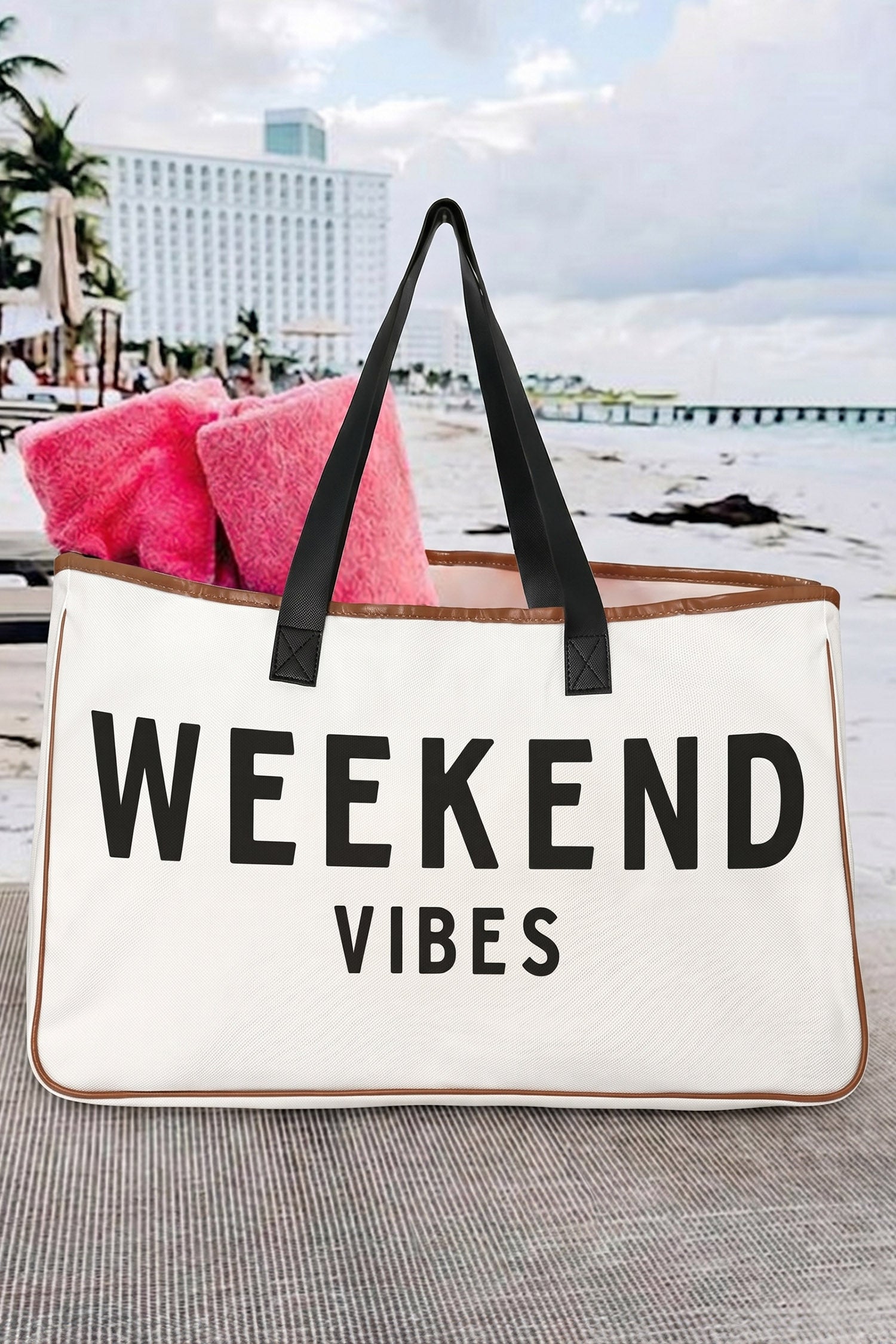 White Weekend Vibes Print Summer Travel Canvas Tote Bag