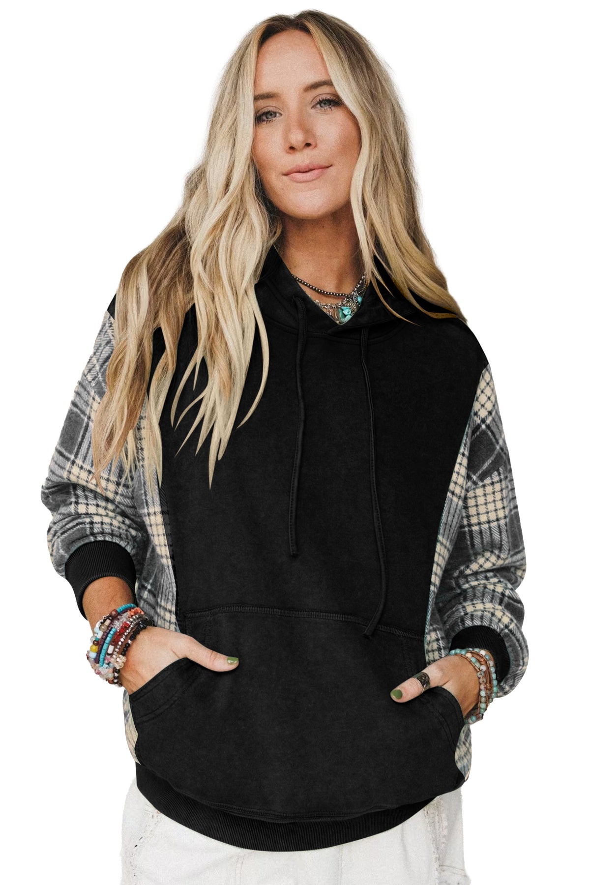 Black Plaid Sleeve Drawstring Pocket Hooded Sweatshirt