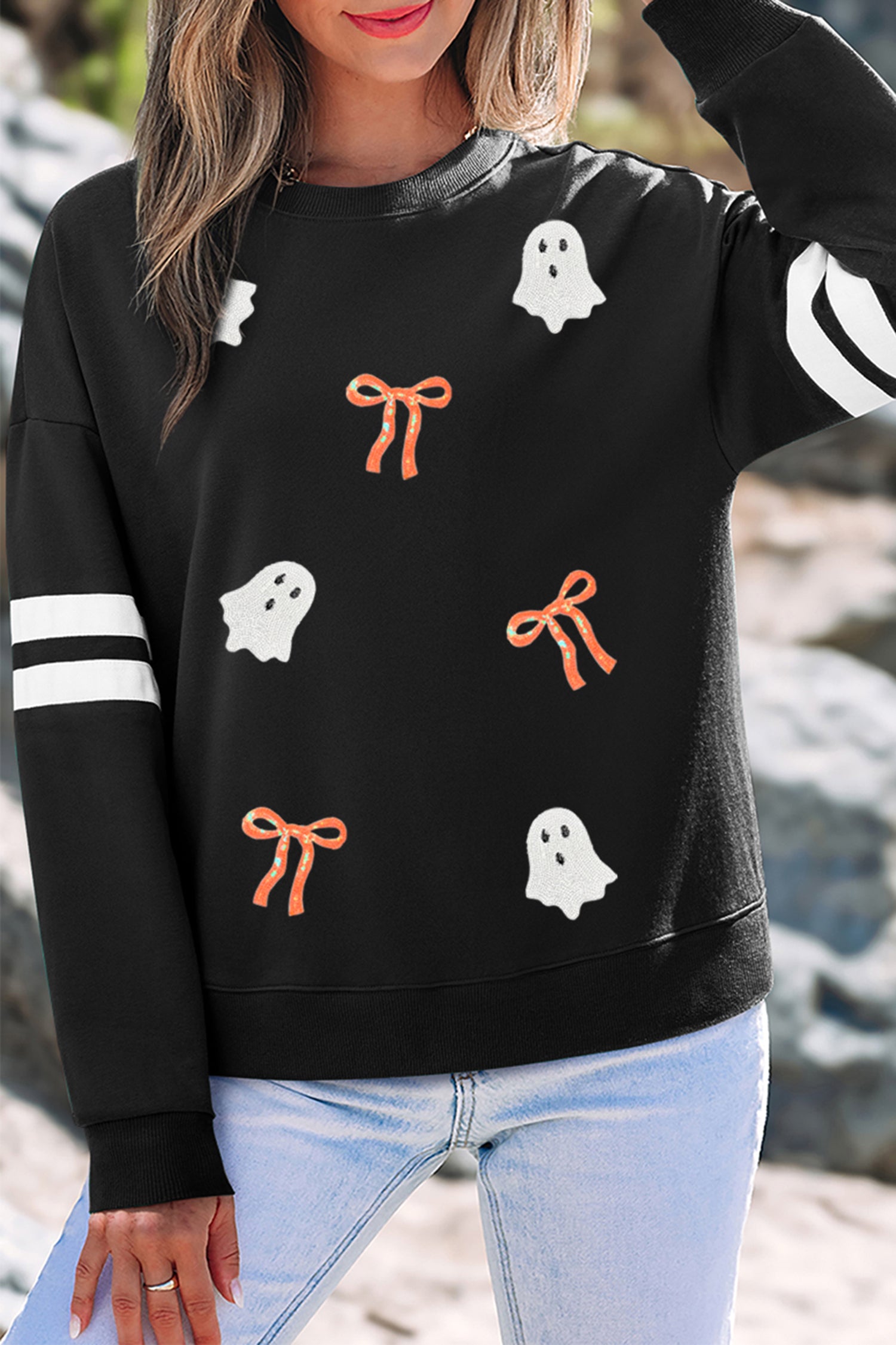 Black Sequin Halloween Ghosts Bows Graphic Varsity Striped Sleeve Casual Pullover Sweatshirt