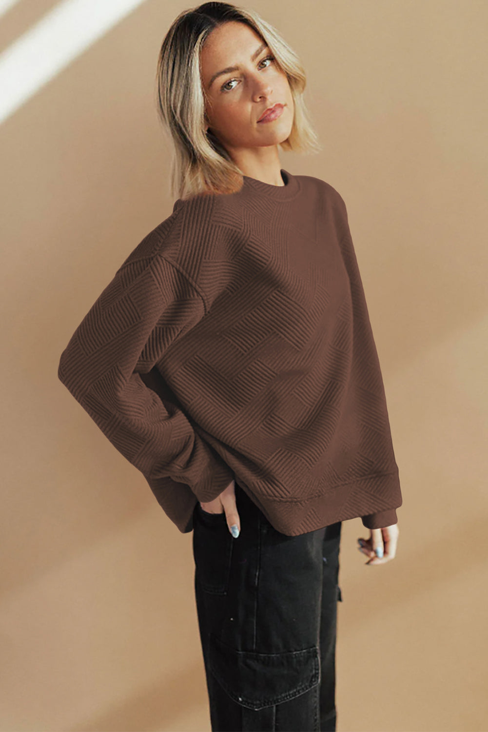 Coffee Solid Color Textured Round Neck Drop Shoulder Pullover Sweatshirt