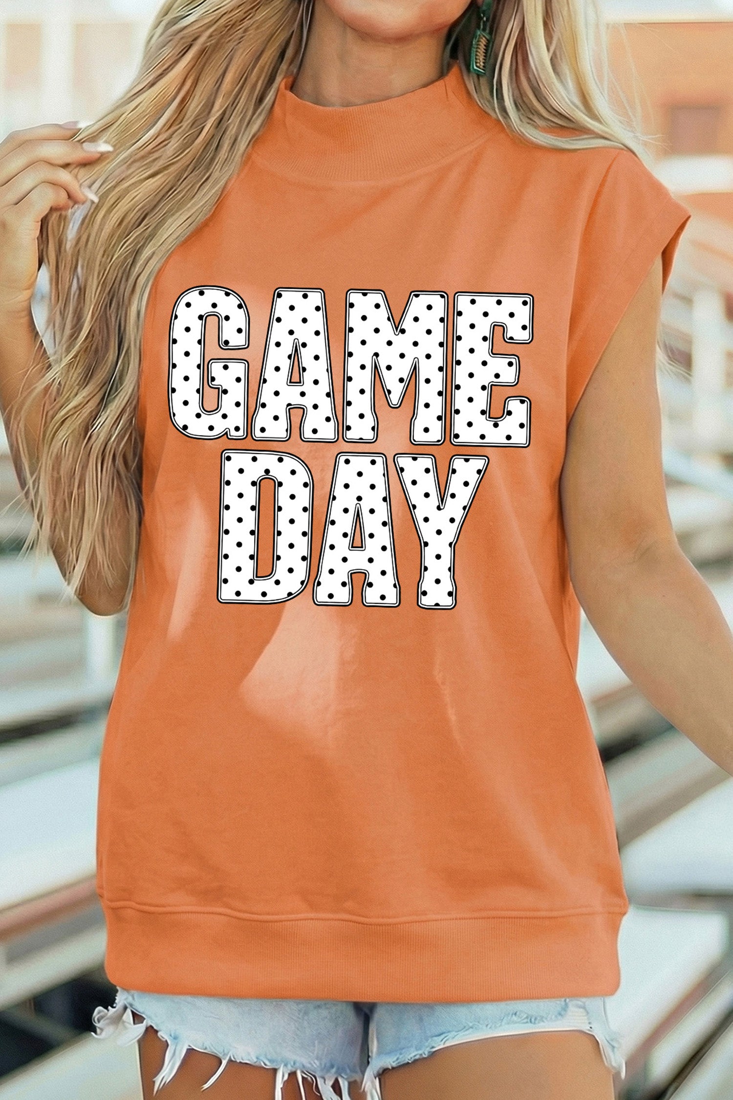 Orange Polka Dot Letter Print GAME Day High Neck Short Sleeve Top