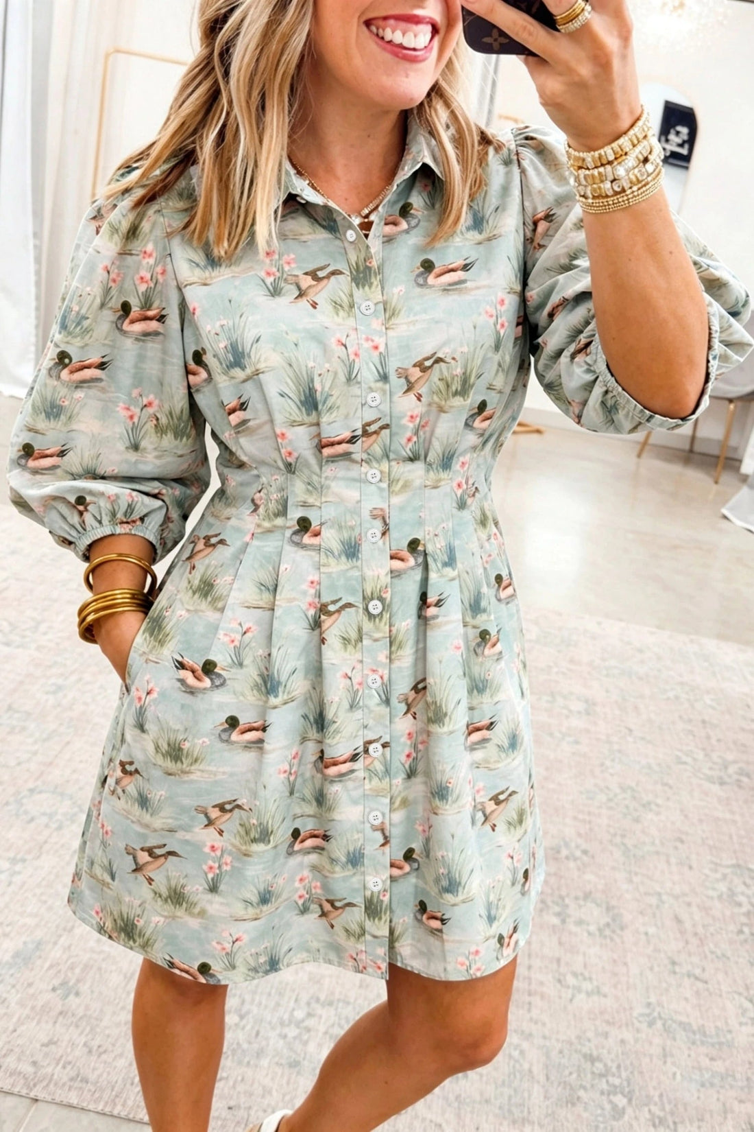 Green Wild Mallard Print Puff Sleeve Pleated Button Down Mini Dress
