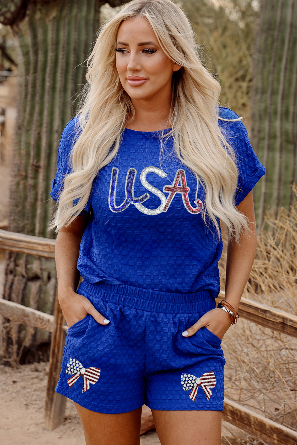 Sky Blue Sequined USA Bowknot Buttoned Back Textured Short Set
