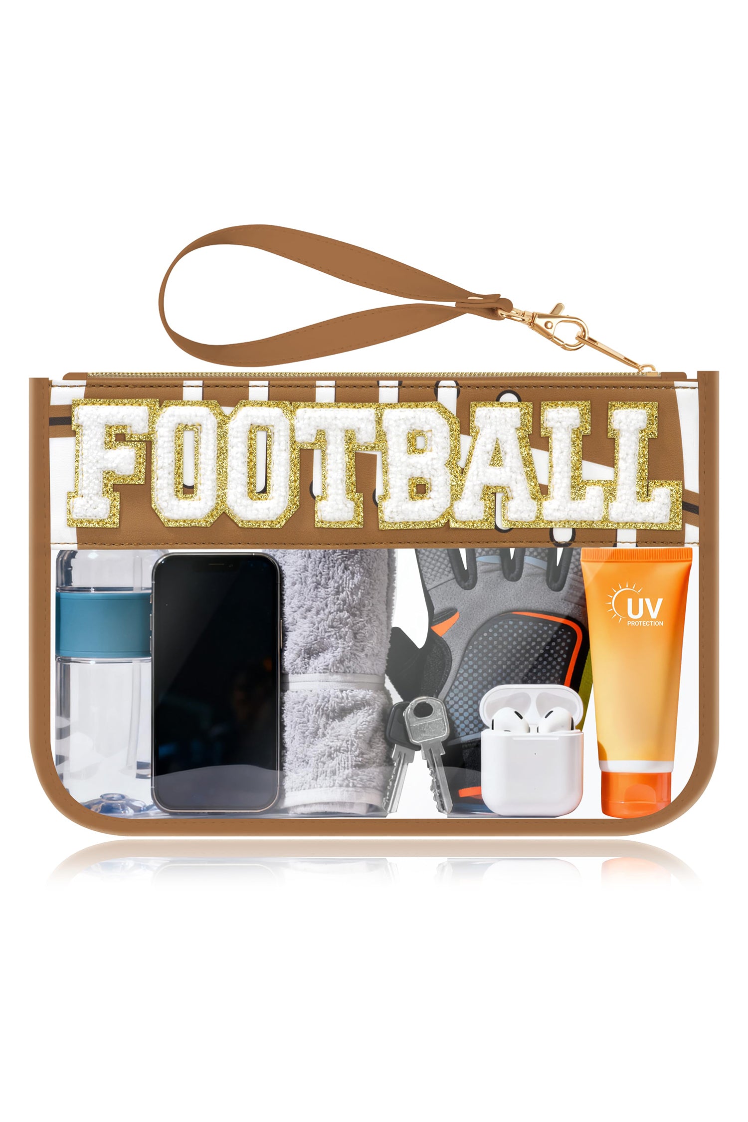Brown BASEBALL  Chenille Letter Patch Game Day Stadium Clear PVC Cosmetic Bag