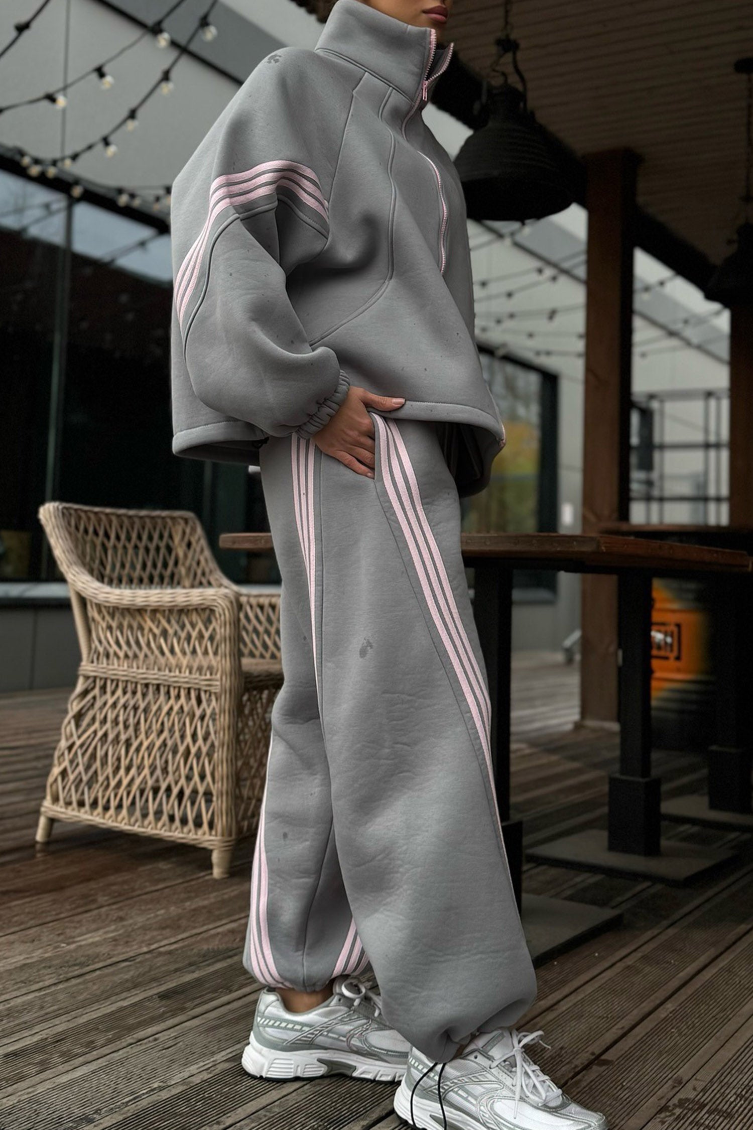 Medium Grey Striped Detail Zip High Neck Jacket Sporty Pants Sets