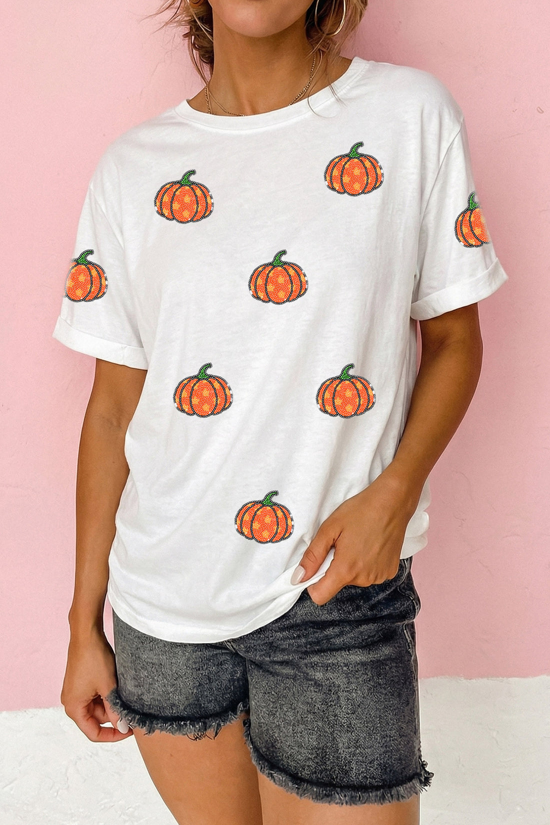 White Sequined Star Pumpkin Graphic Casual Round Neck T Shirt