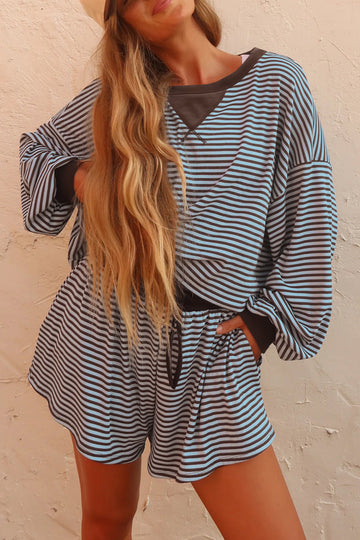 Brown Stripe Oversized Long Sleeve Top Drawstring Loose Shorts 2pcs Set