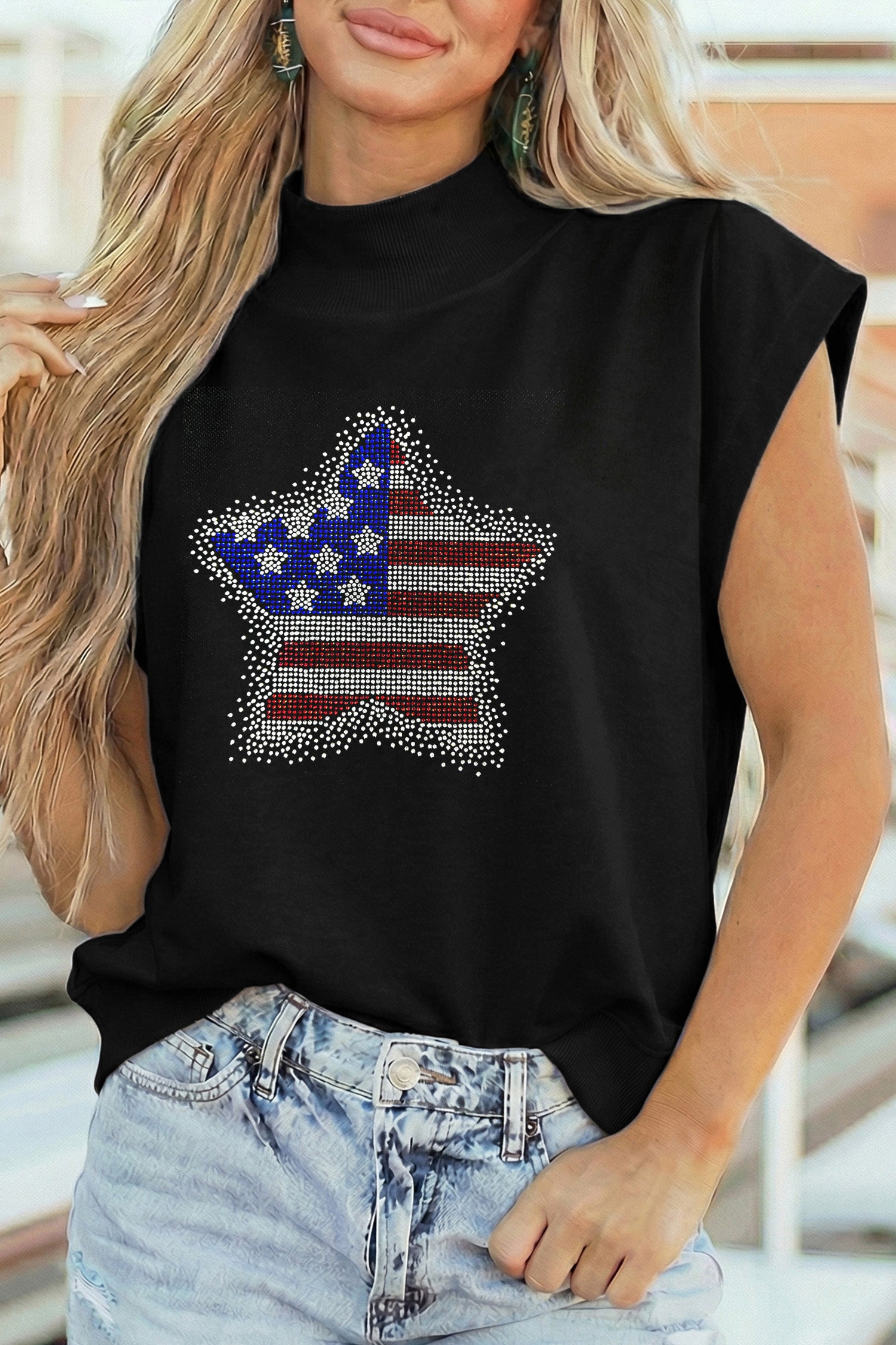 Black Patriotic Rhinestone Star High Neck Short Sleeve Top
