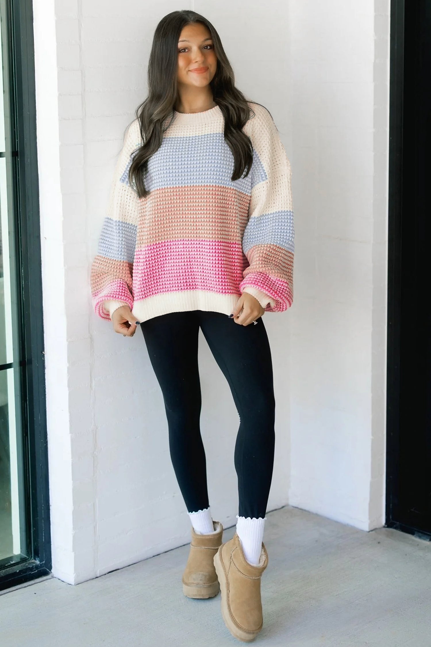 Light Blue Drop Shoulder Round Neck Long Sleeve Pullover Sweater
