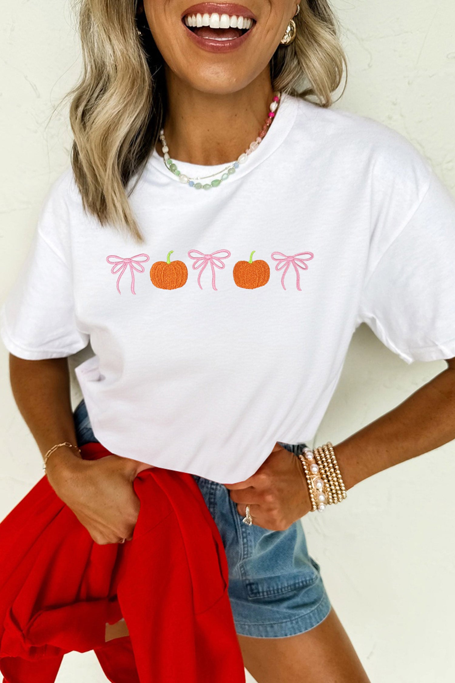 White Embroidered Pumpkin Bow Round Neck Short Sleeve T-Shirt