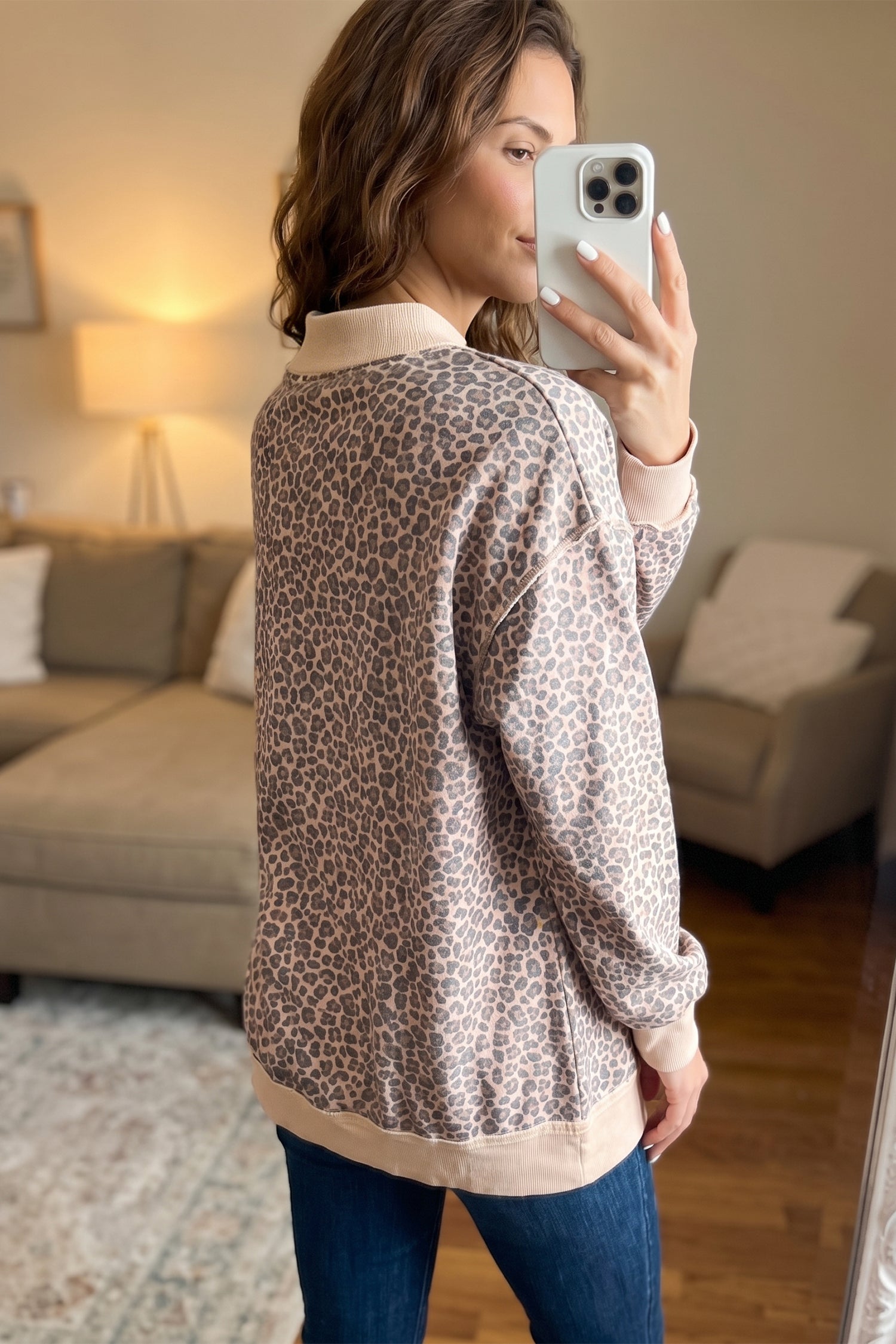 Multicolour Leopard Print High Neck Long Sleeve Ribbed Cuffs Hem Sweatshirt