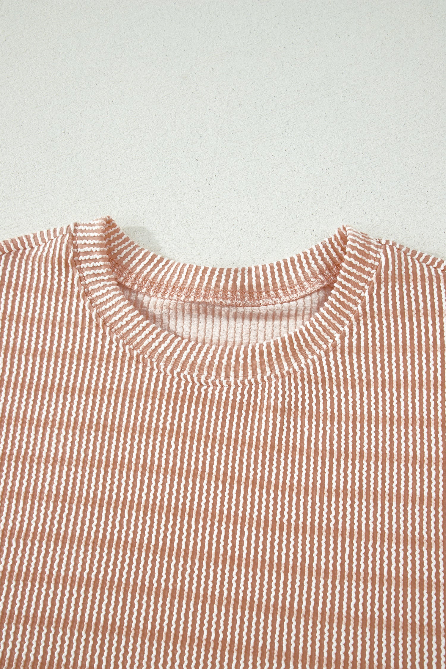 Khaki Stripe Raised Rib Loose Tee Drawstring Elastic Waist 2pcs Short Set