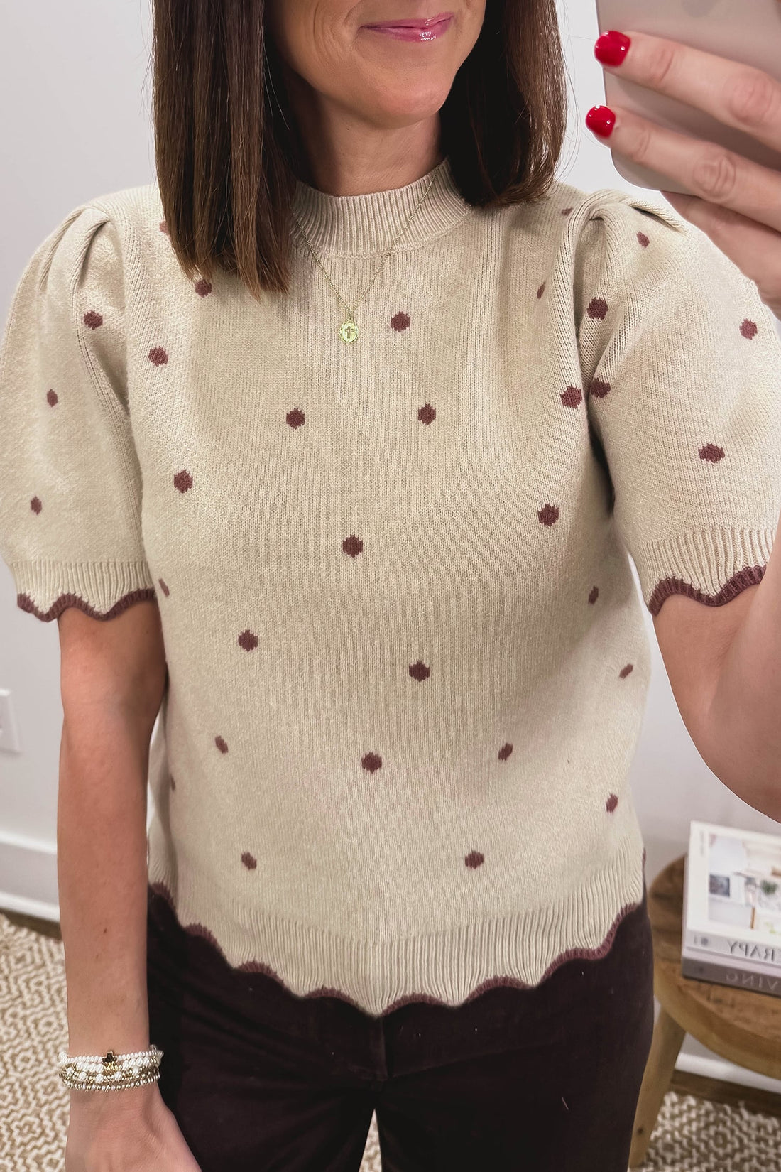 Beige Polka Dot Knit Contrast Scalloped Trim Short Sleeve Mock Neck Sweater