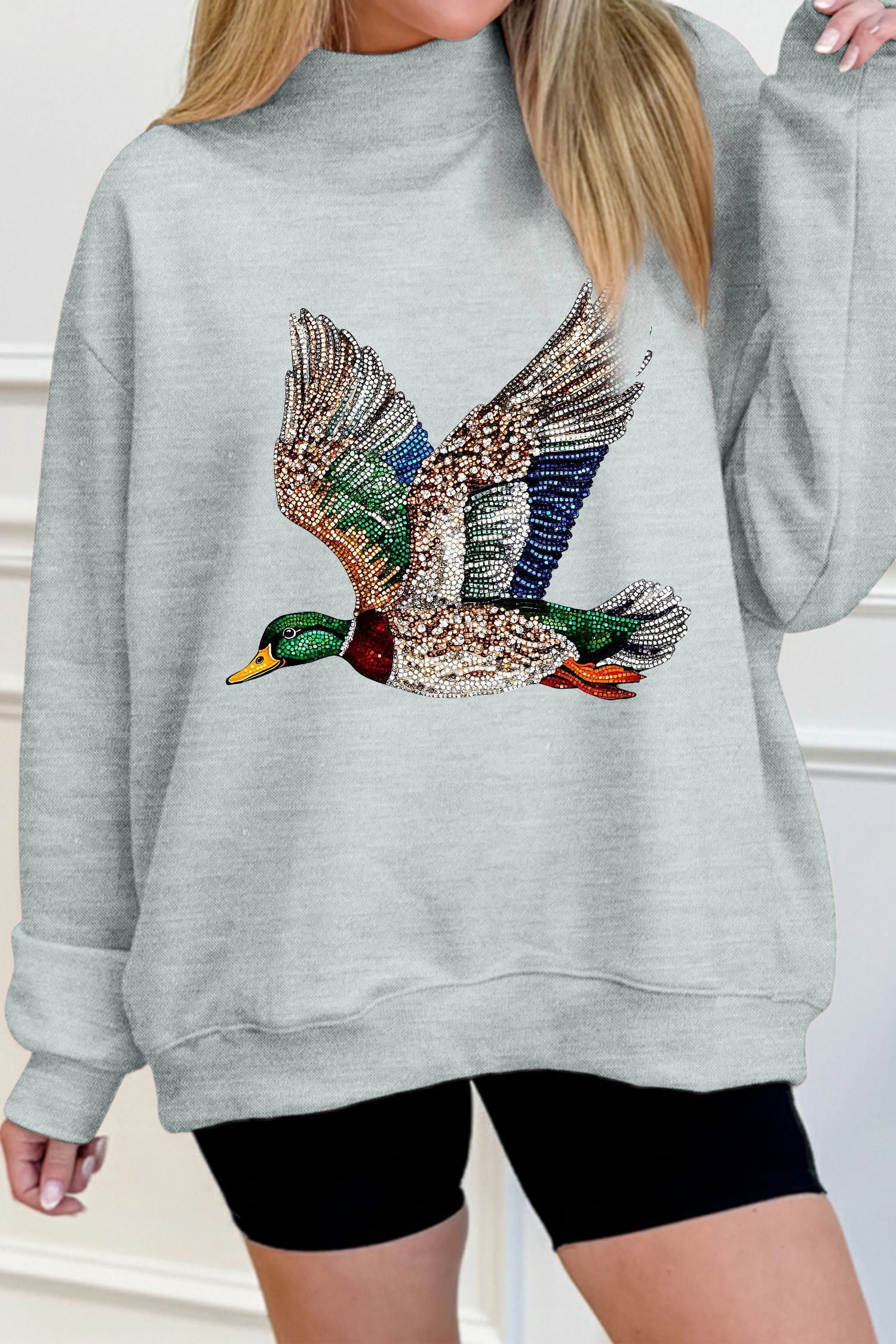 Gray Western Style Mallard Duck Printed Graphic Baggy Mock Neck Sweatshirt