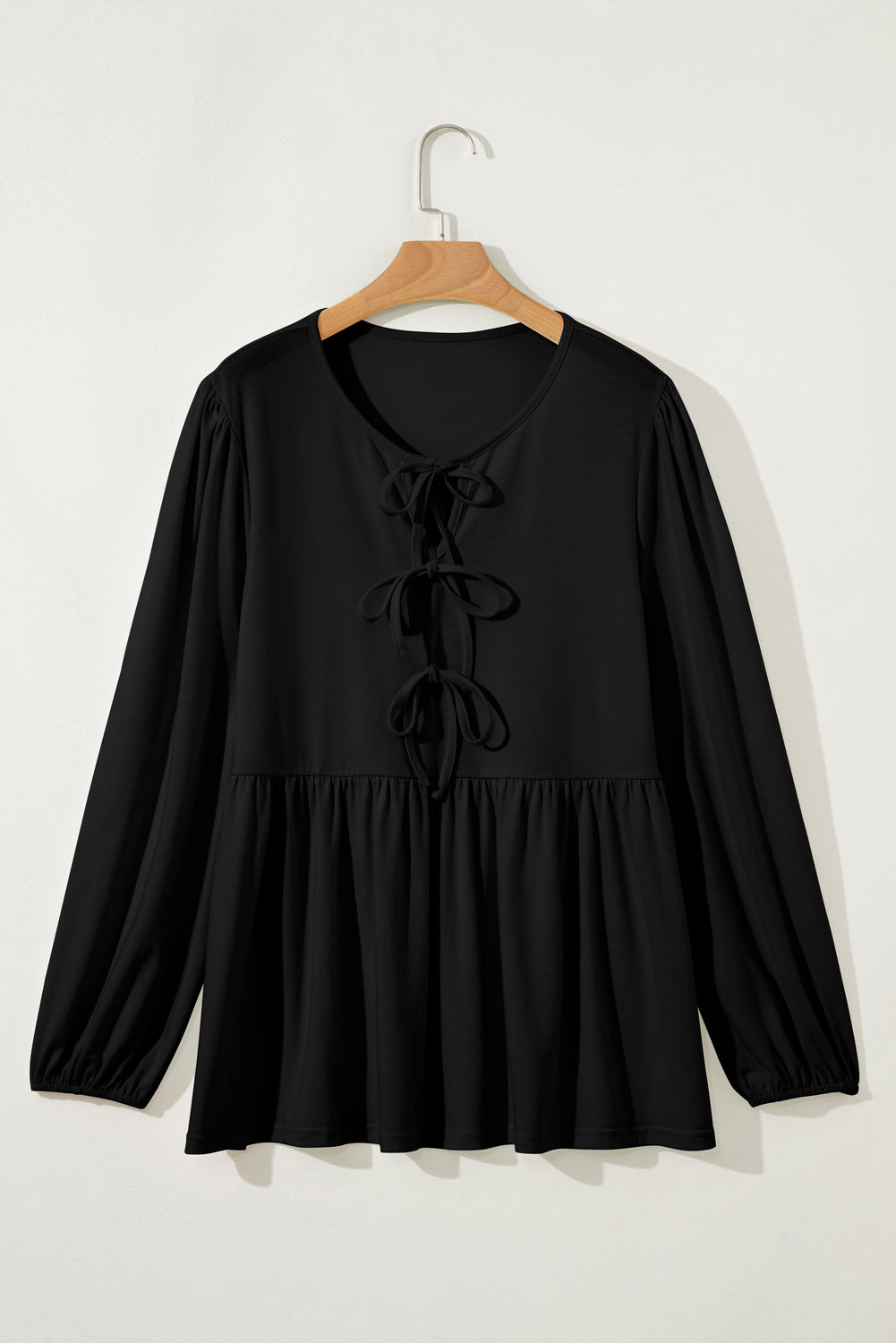 Black Solid Color Bow Tie Front Long Sleeve Plus Size Peplum Blouse