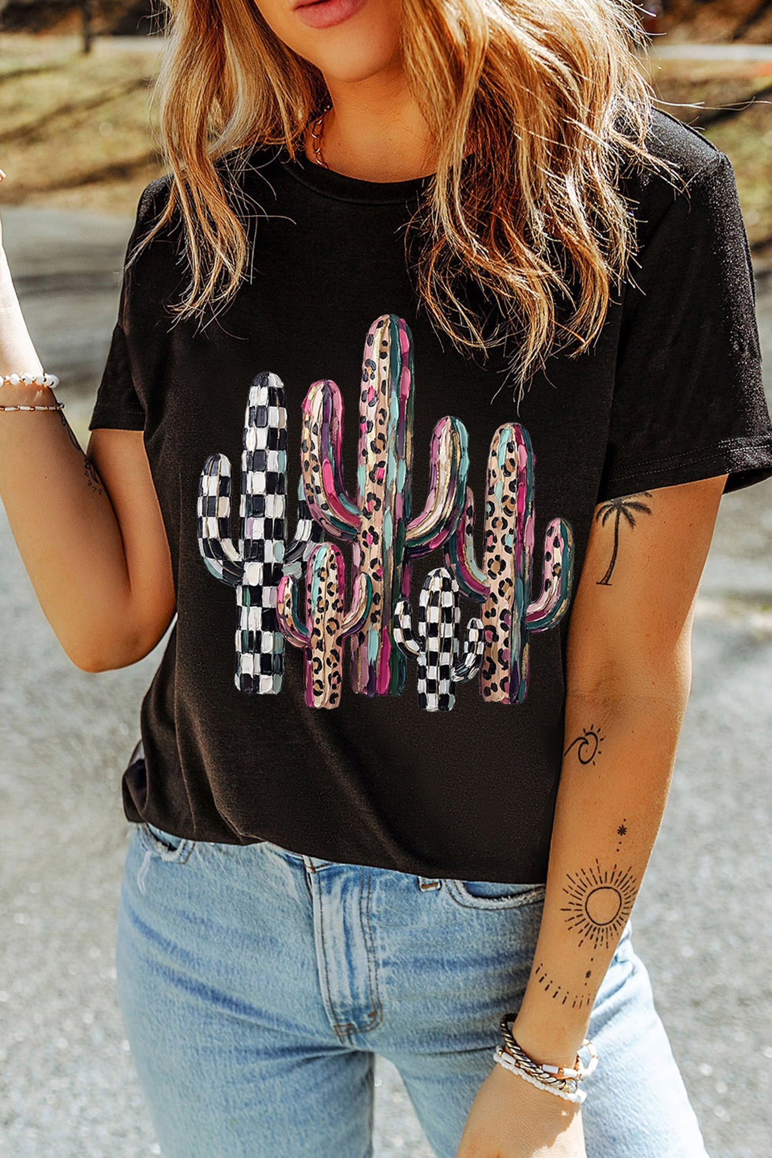 Black Mixed Pattern Cactus Graphic Print Relaxed T-Shirt