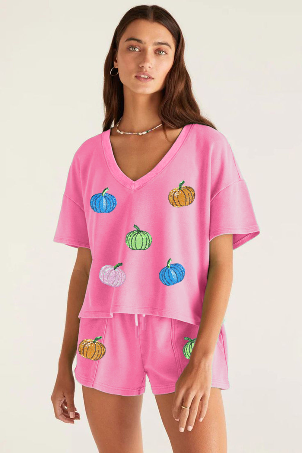Bonbon Sequin Halloween Pumpkin Pattern V Neck Tee and Drawstring Bottoms Casual Short Set