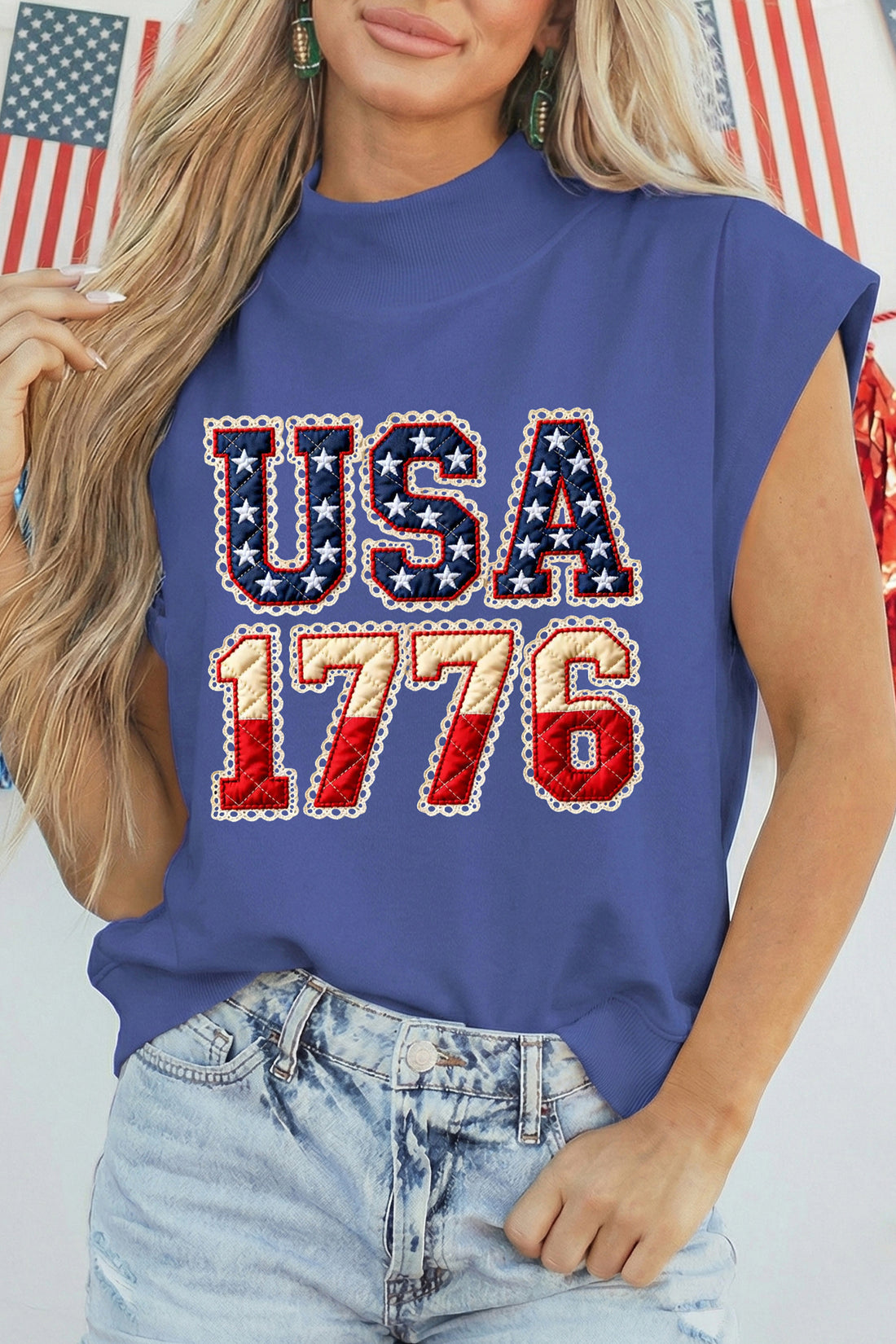 Sky Blue Patriotic USA 1776 Graphic Muscle Tee with Vintage Flag Print