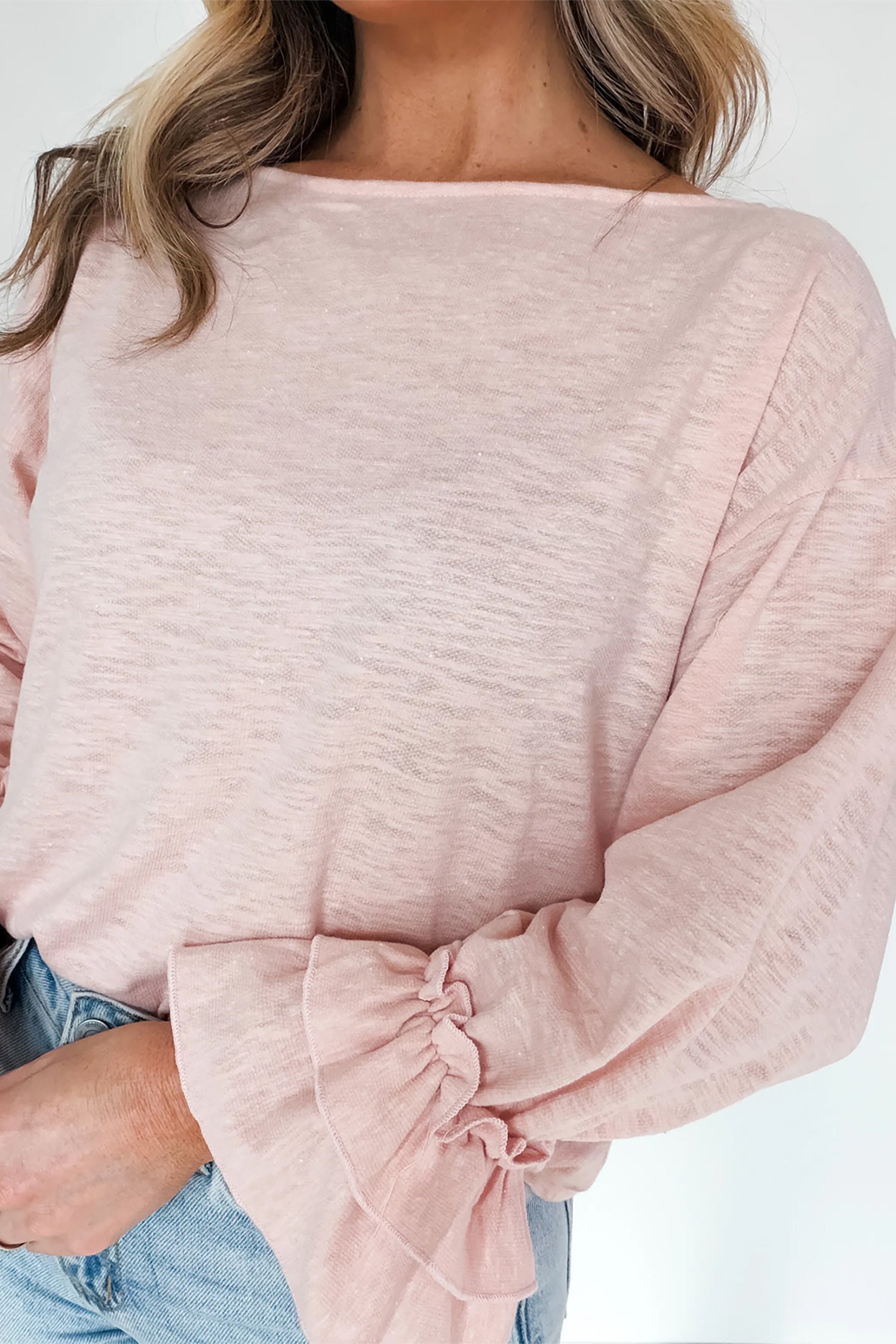 Gossamer Pink Long-Sleeve Pullover with Ruffled Sleeves