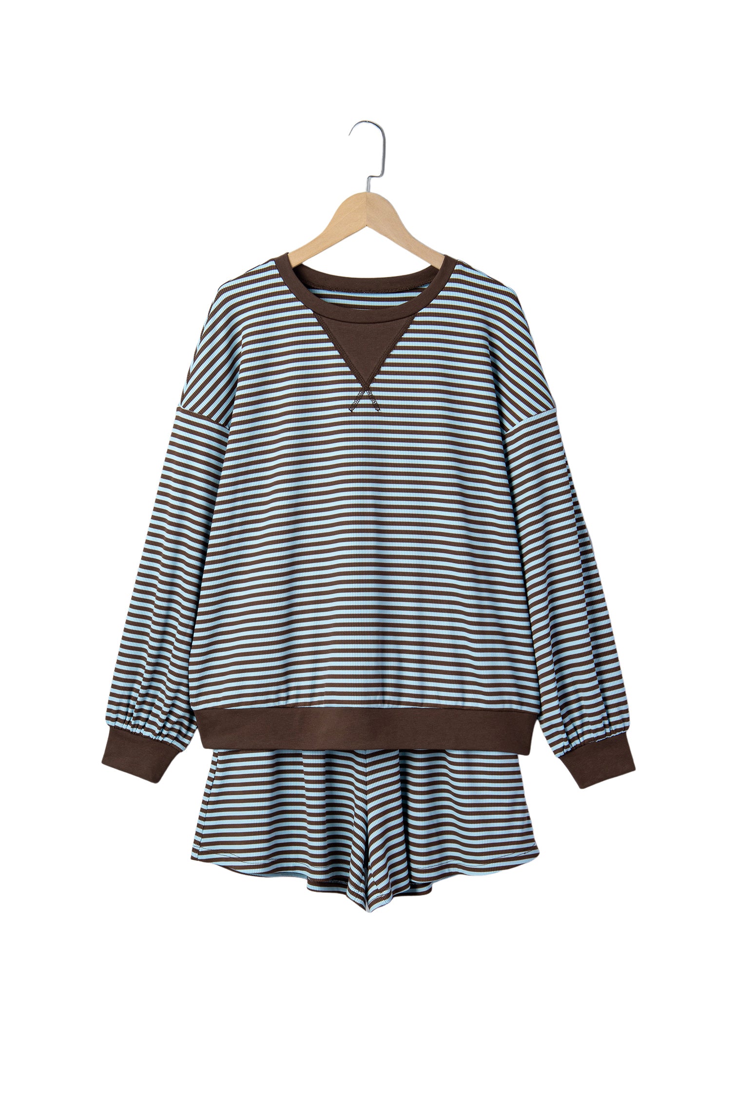 Brown Stripe Oversized Long Sleeve Top Drawstring Loose Shorts 2pcs Set