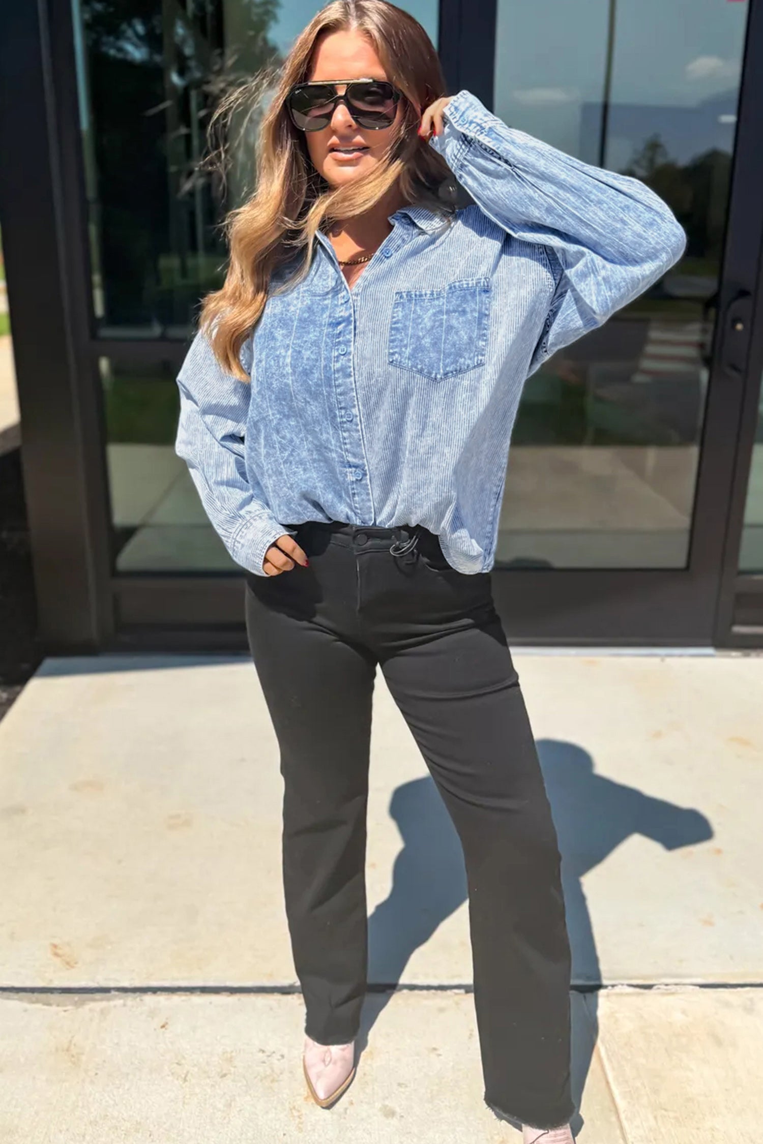 Sky Blue Stripe Vintage Washed Denim Color Block Long Sleeve Shirt