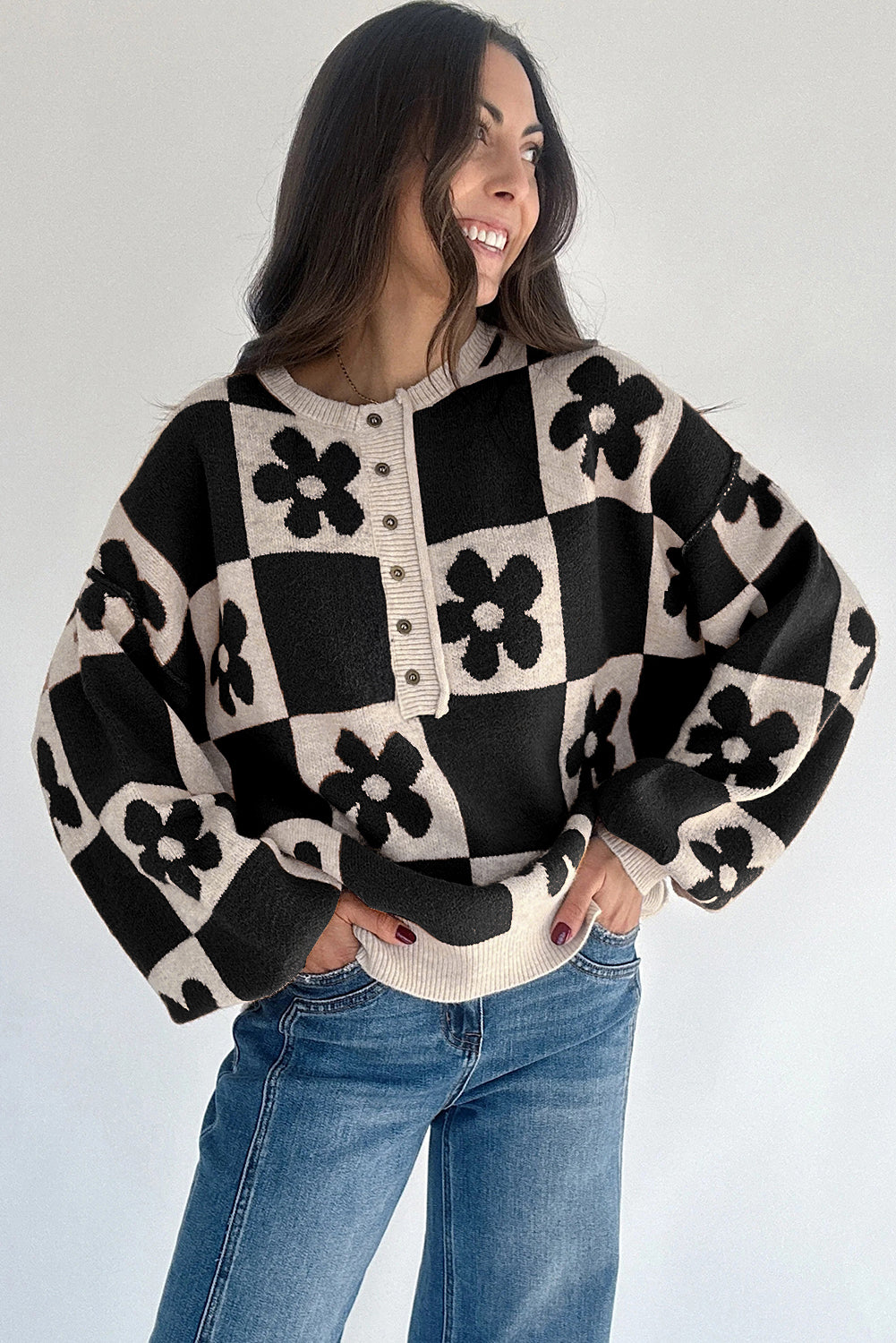 Black Flower Plaid Henley Baggy Sweater
