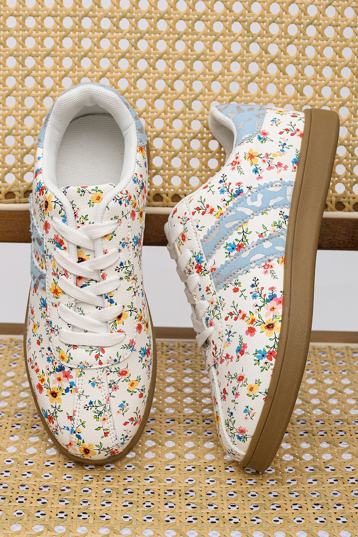 Racing Red Fresh Floral Print Color Block Detail Lace Up Shoes