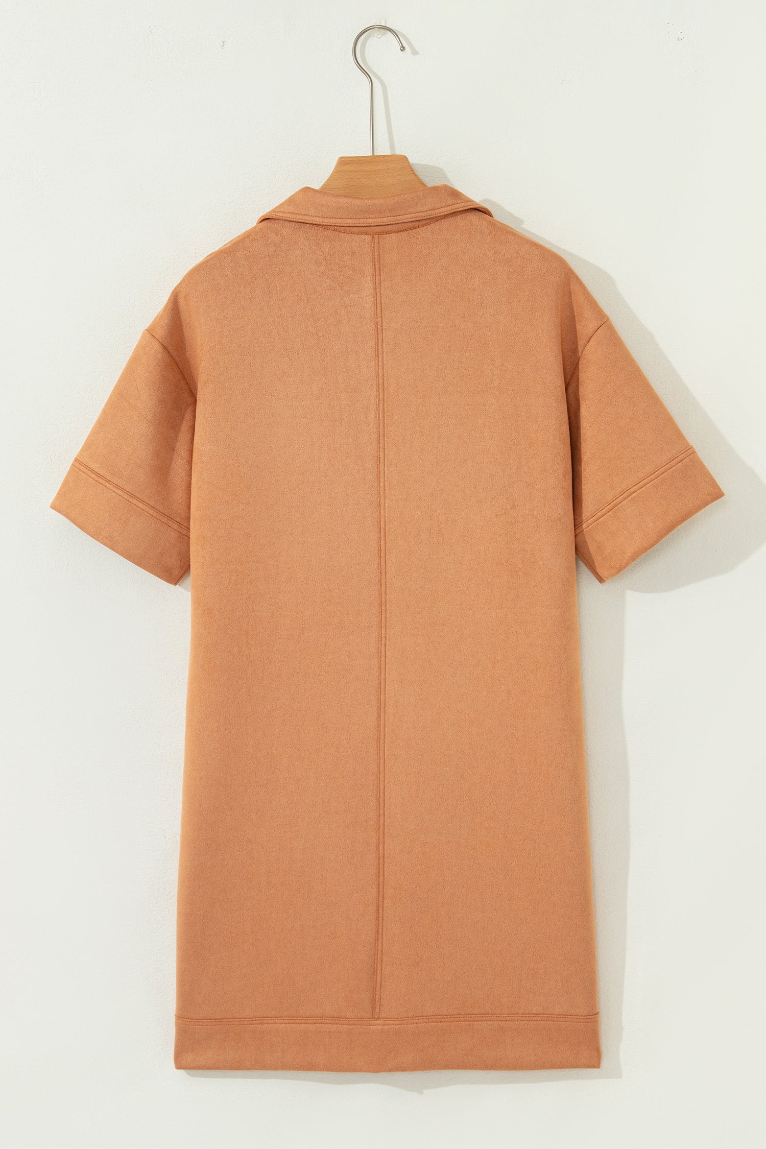 Thai Curry Collared V Neck Faux Suede Short Sleeve Shift Mini Dress
