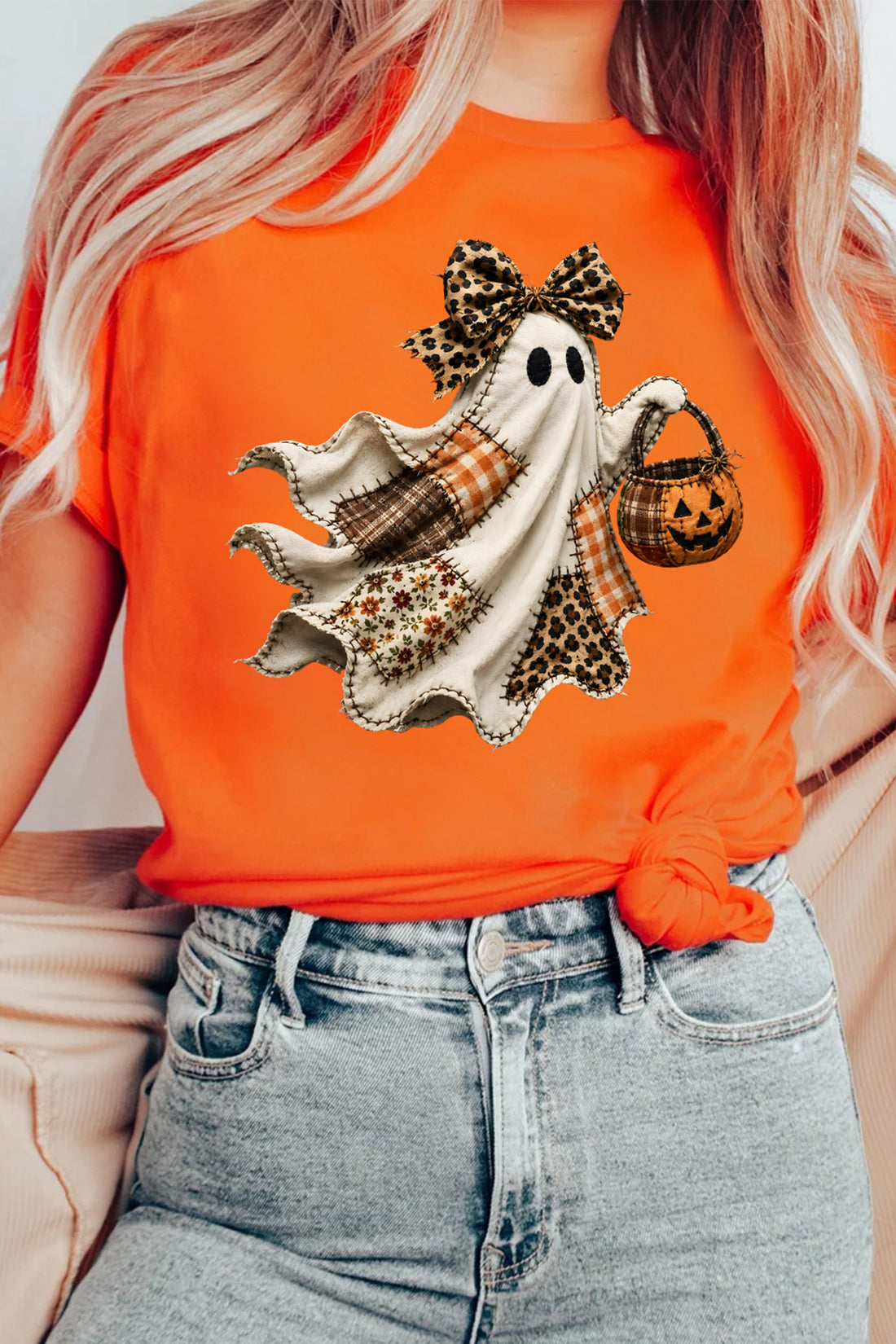 Orange Leopard Bow Halloween Ghost Printed T Shirt
