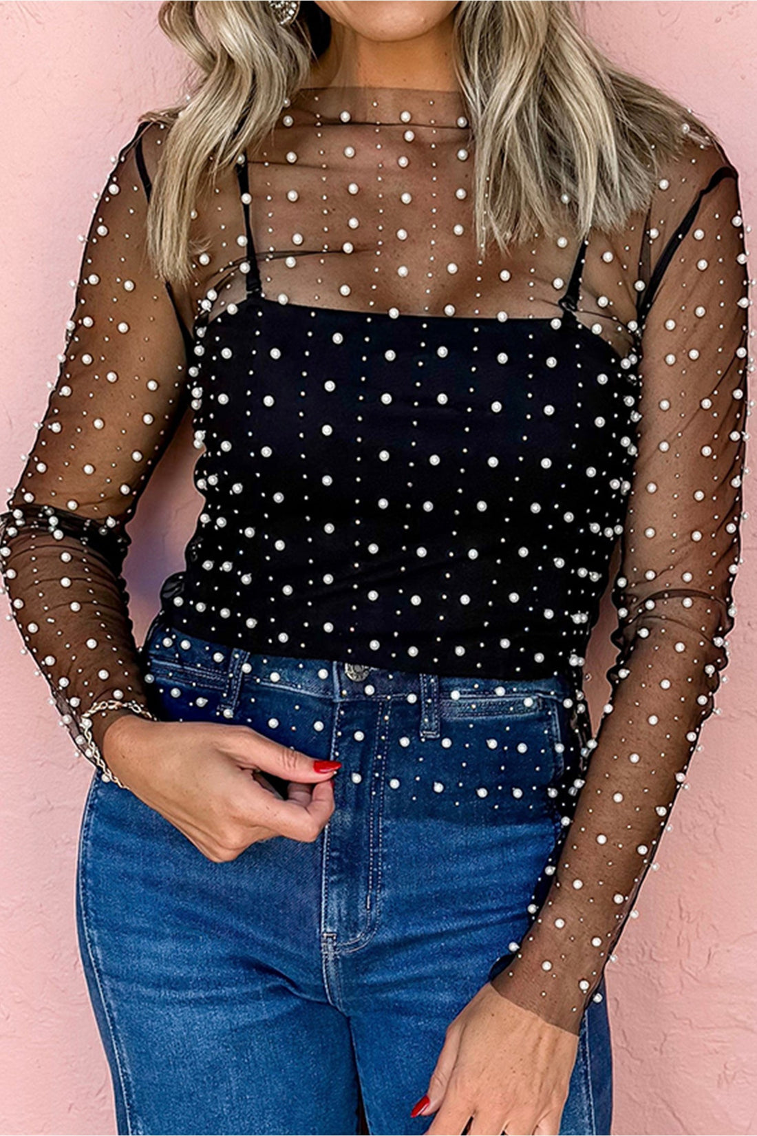 Black Pearl Beaded Mesh Long Sleeve Raw Hem Top