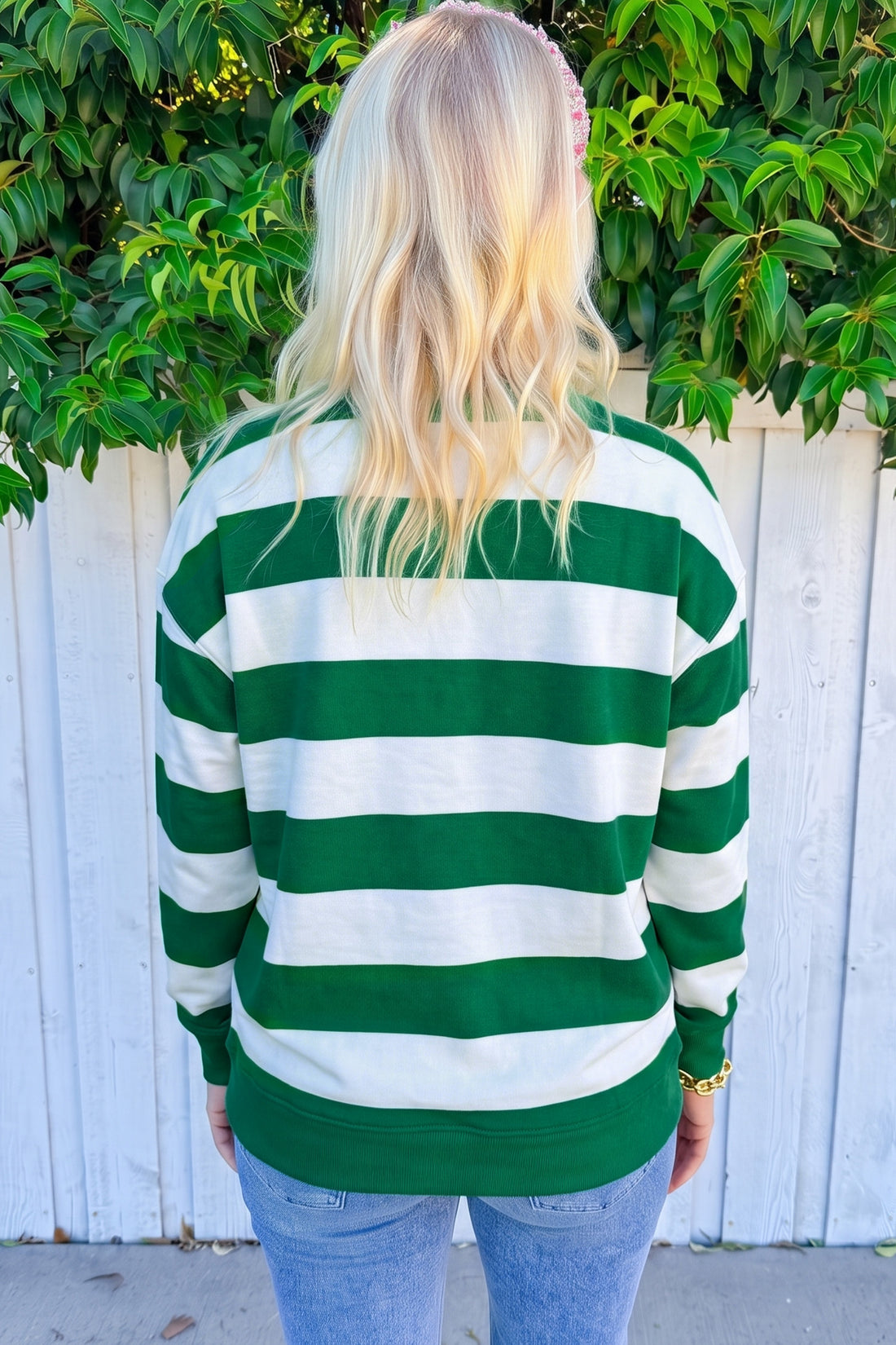 Green Stripe holly jolly Letter Embroidered Pullover Sweatshirt