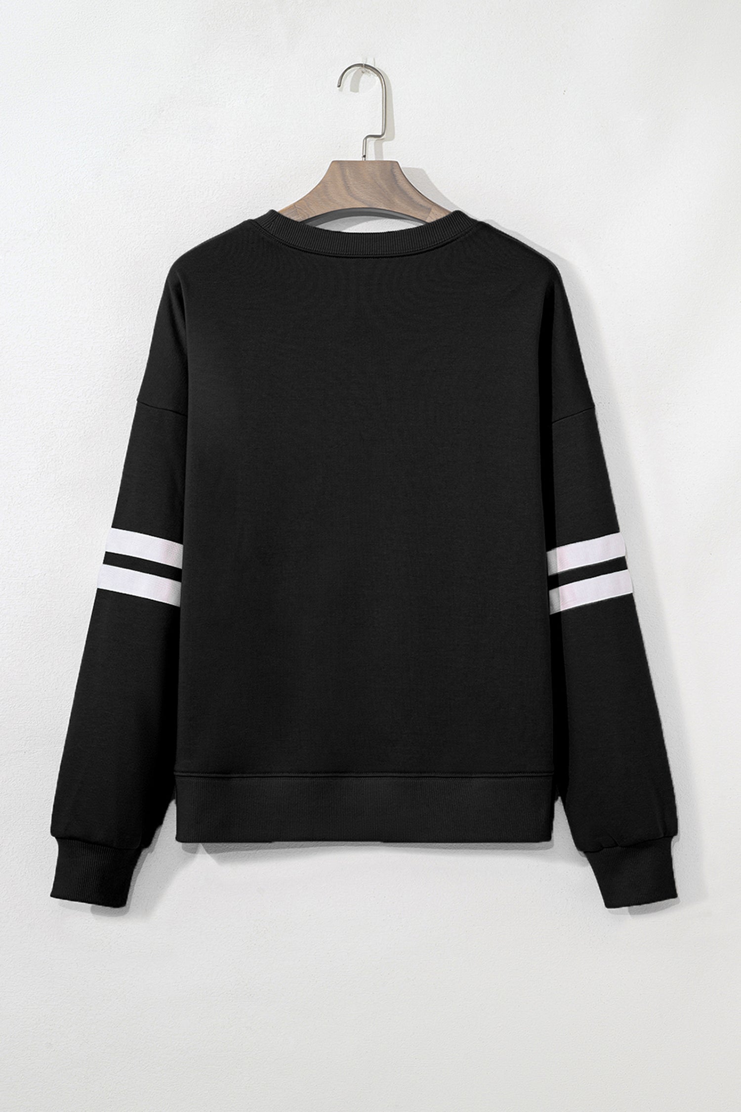 Black Sequin Halloween Ghosts Bows Graphic Varsity Striped Sleeve Casual Pullover Sweatshirt