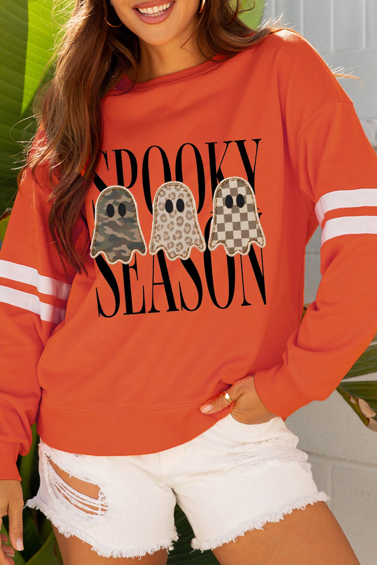 Orange Spooky Season Ghost Graphic Varsity Striped Sleeve Halloween Pullover Sweatshirt