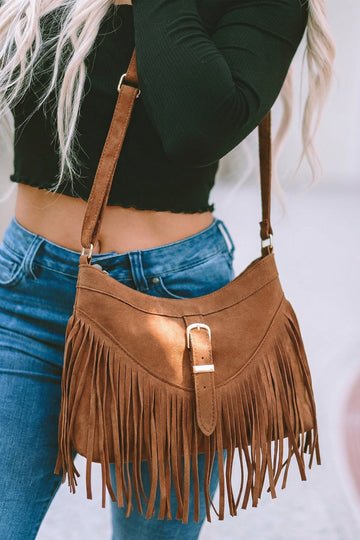 Coffee Faux Suede Boho Fringe Hobo Shoulder Bag