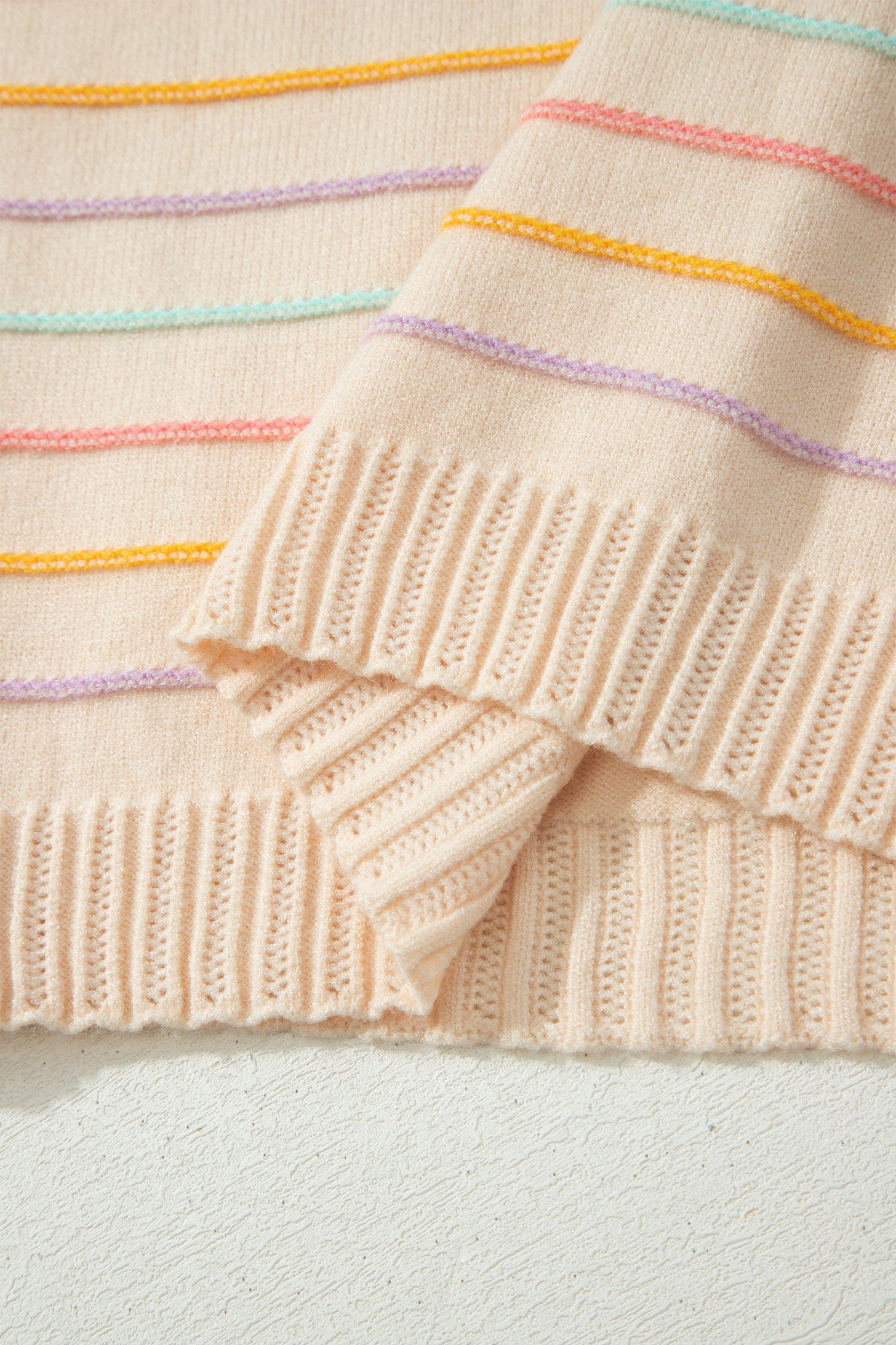 Beige Stripe Colorful Stripes Crew Neck Knit Sweater