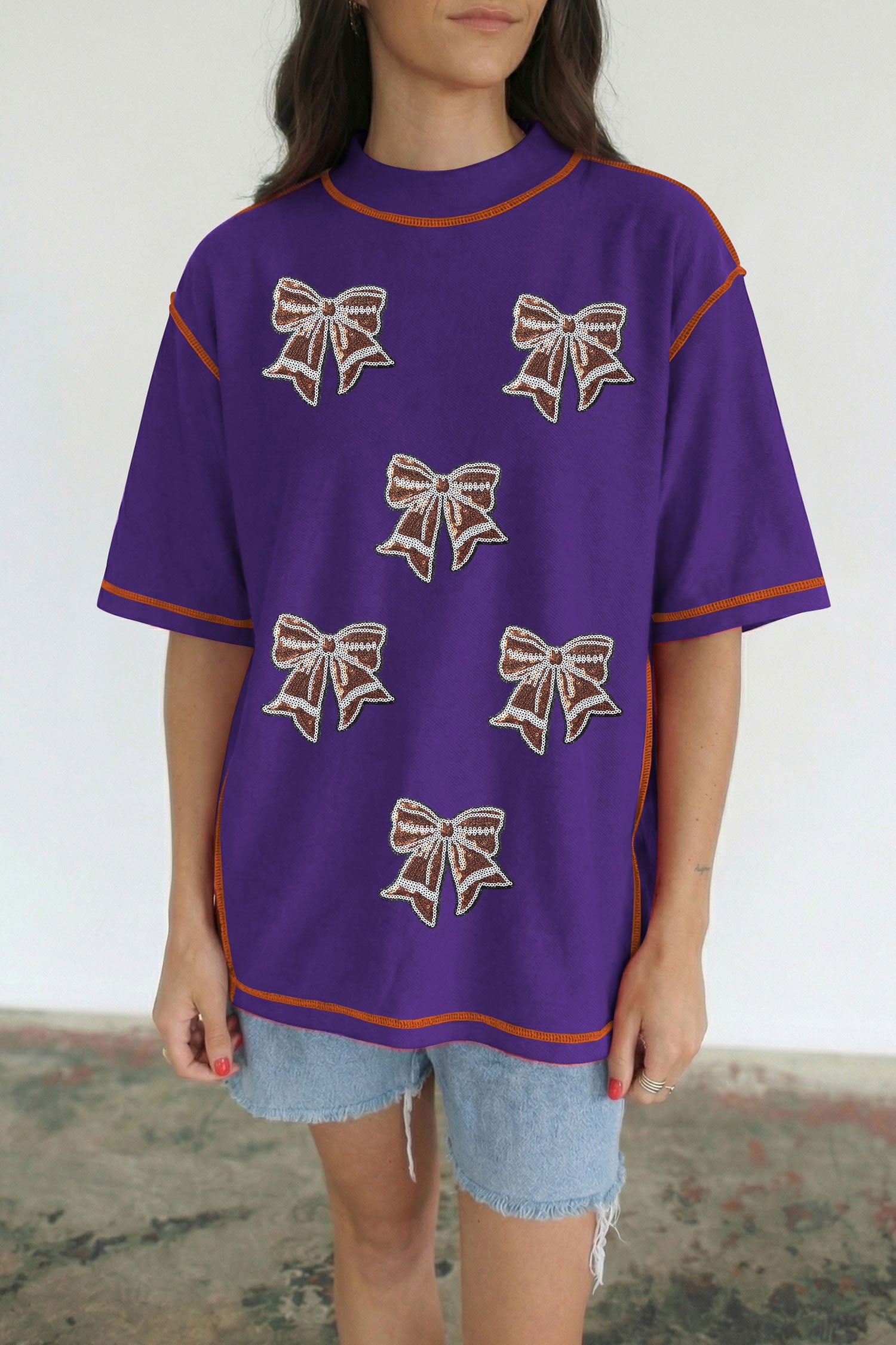 Tillandsia Purple Contrast Stitched Detail Sequin Bow Game Day T Shirt