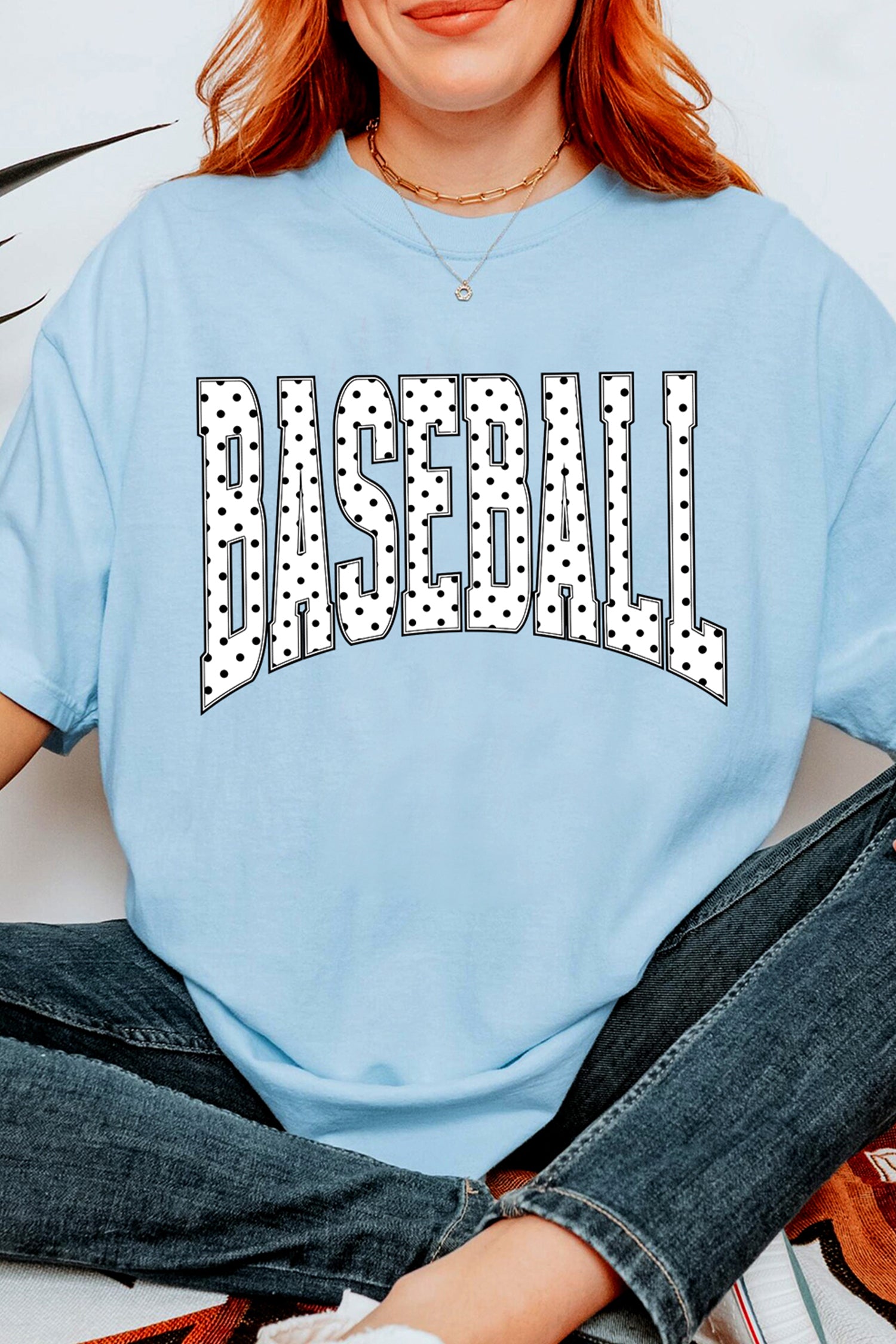 Light Blue BASEBALL Polka Dot Lettering Print T Shirt