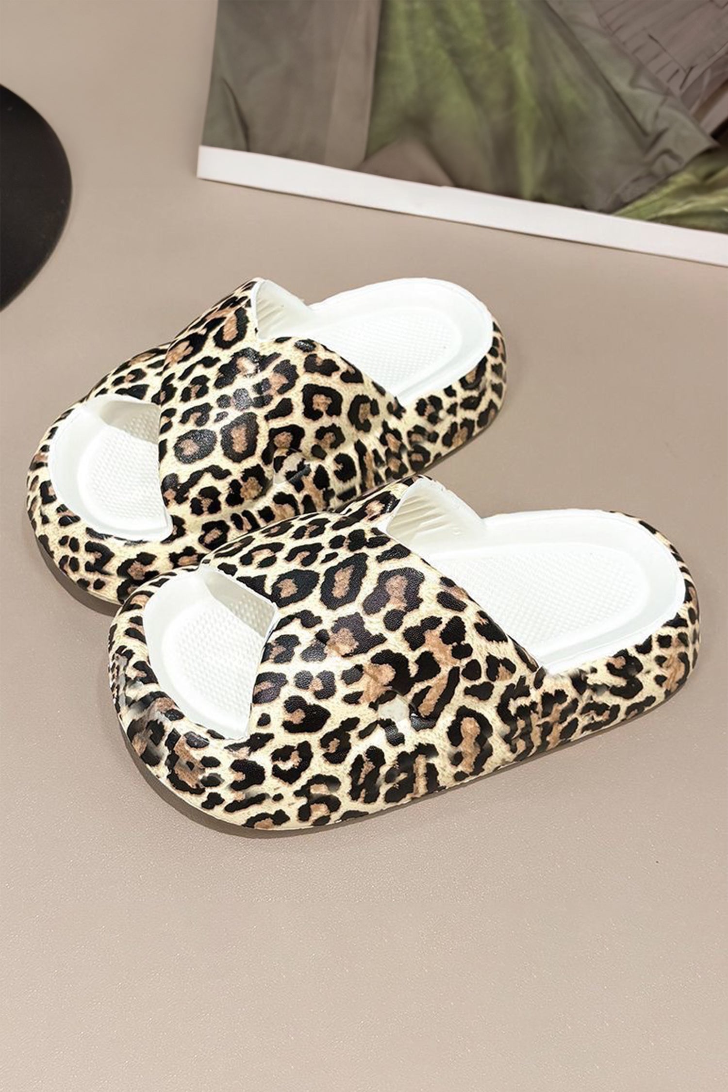White Leopard Print Crossed Band Slip-on EVA Sole Slippers