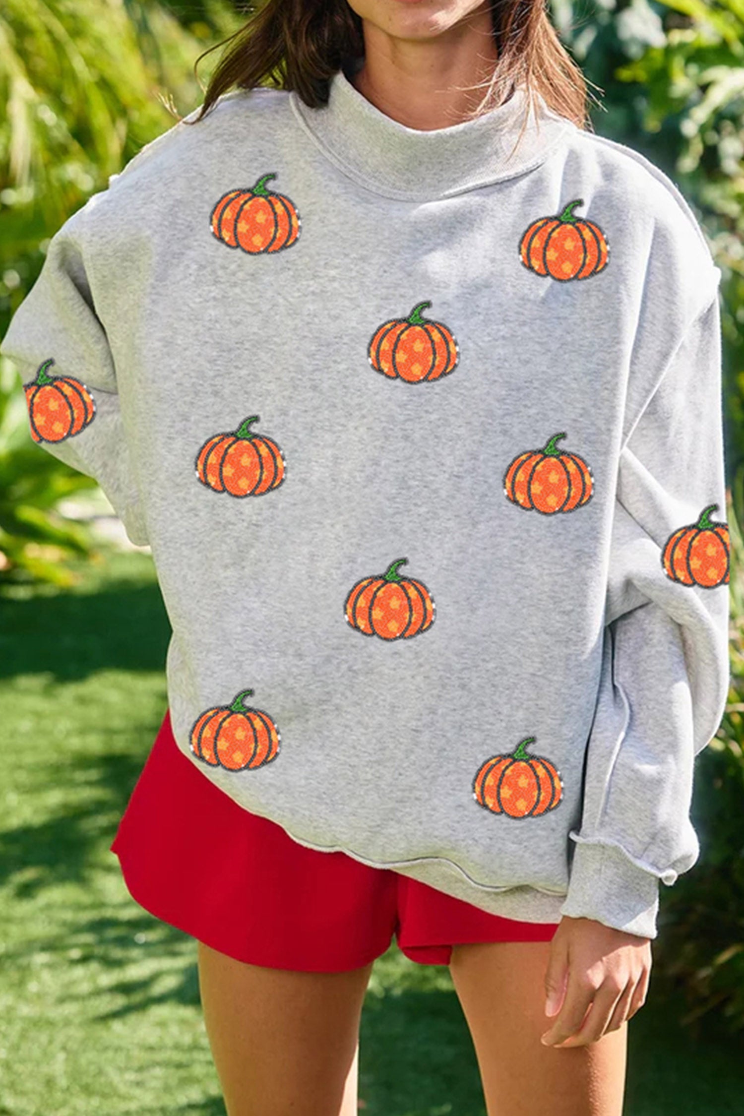 Light Grey Sequin Star Pumpkin Graphic Exposed Seam Mock Neck Sweatshirt